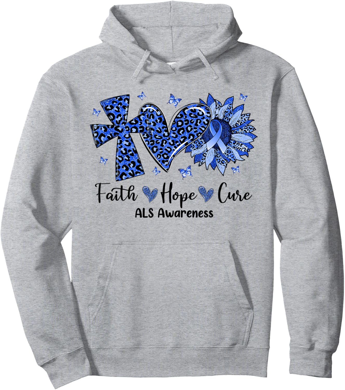 Faith Hope Cure Sunflower Leopard ALS Awareness Hoodie - Hoodie | Ash