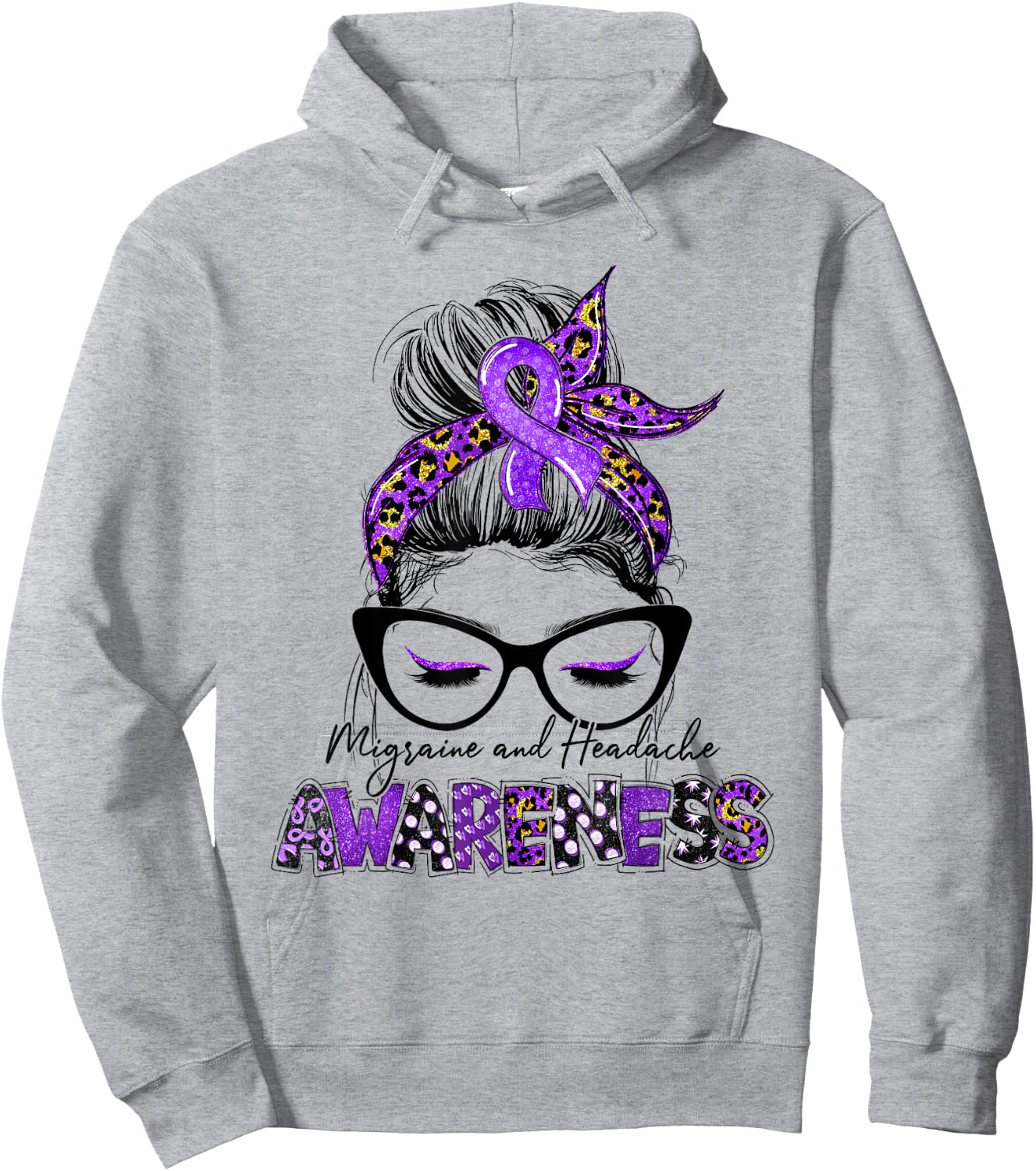 Purple Ribbon Messy Bun Migraine Headache Awareness Month Hoodie - Hoodie | Ash