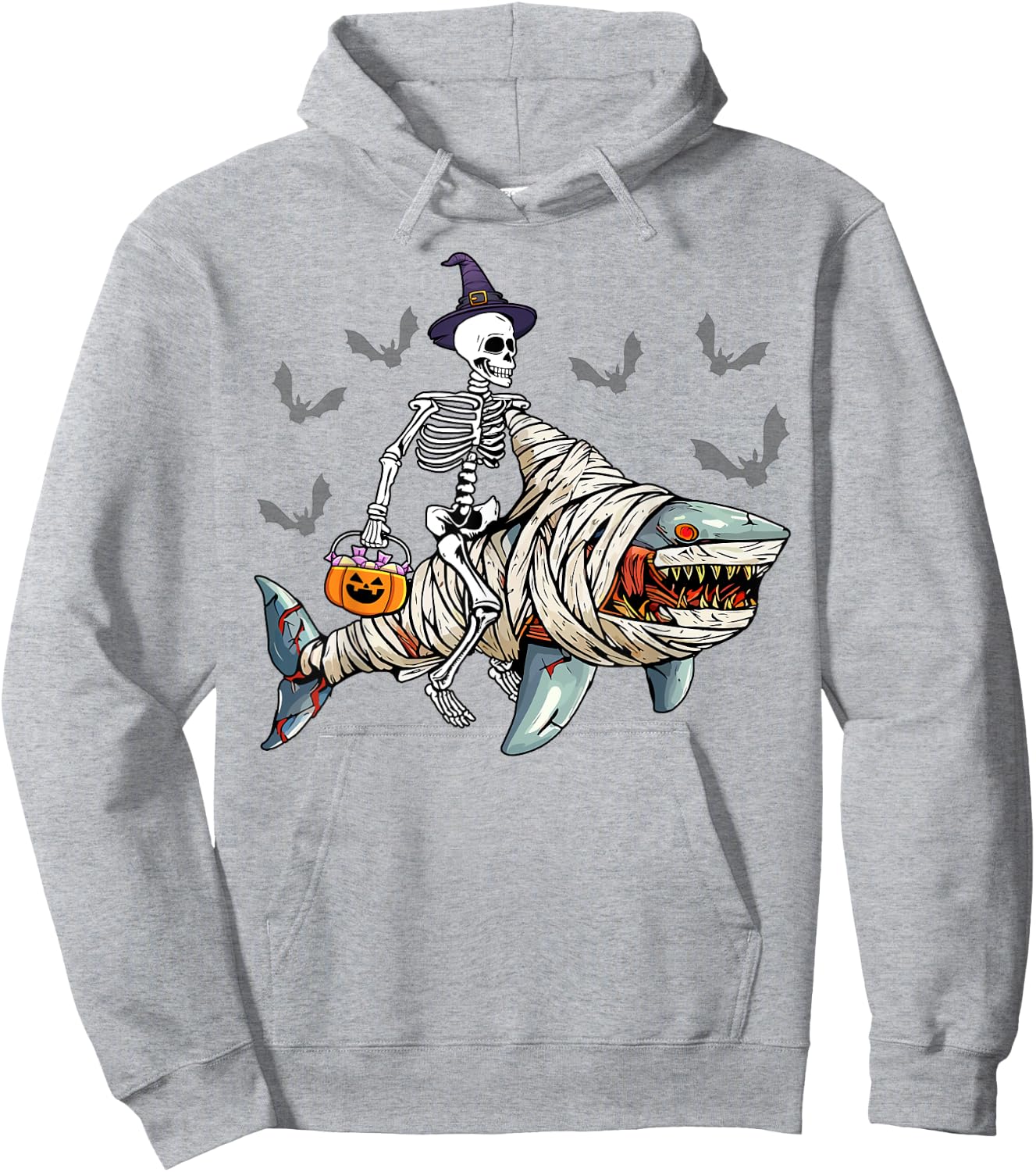 Skeleton Riding Mummy Shark Funny Halloween Pumpkin Witch Hoodie - Hoodie | Ash