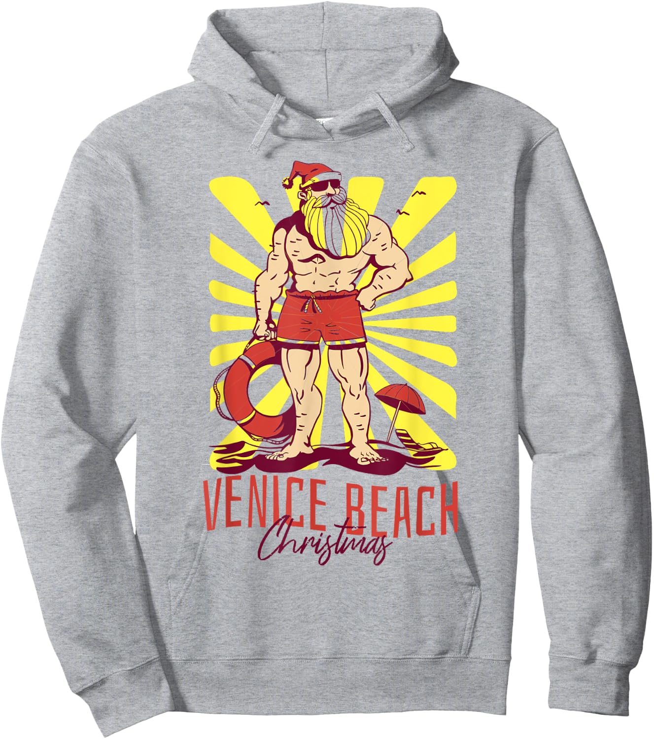 Venice Beach Christmas Buff Santa Lifeguard Hoodie - Hoodie | Ash