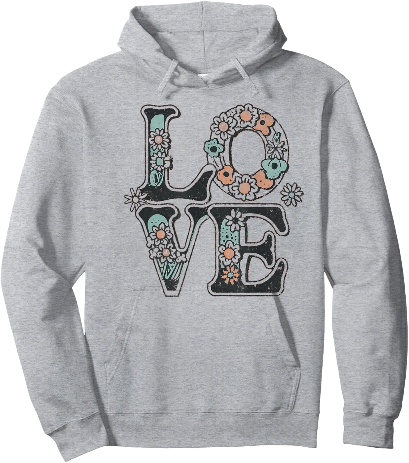 LOVE in Vintage Retro Style Graphic with Flowers Hoodie - Hoodie | Ash