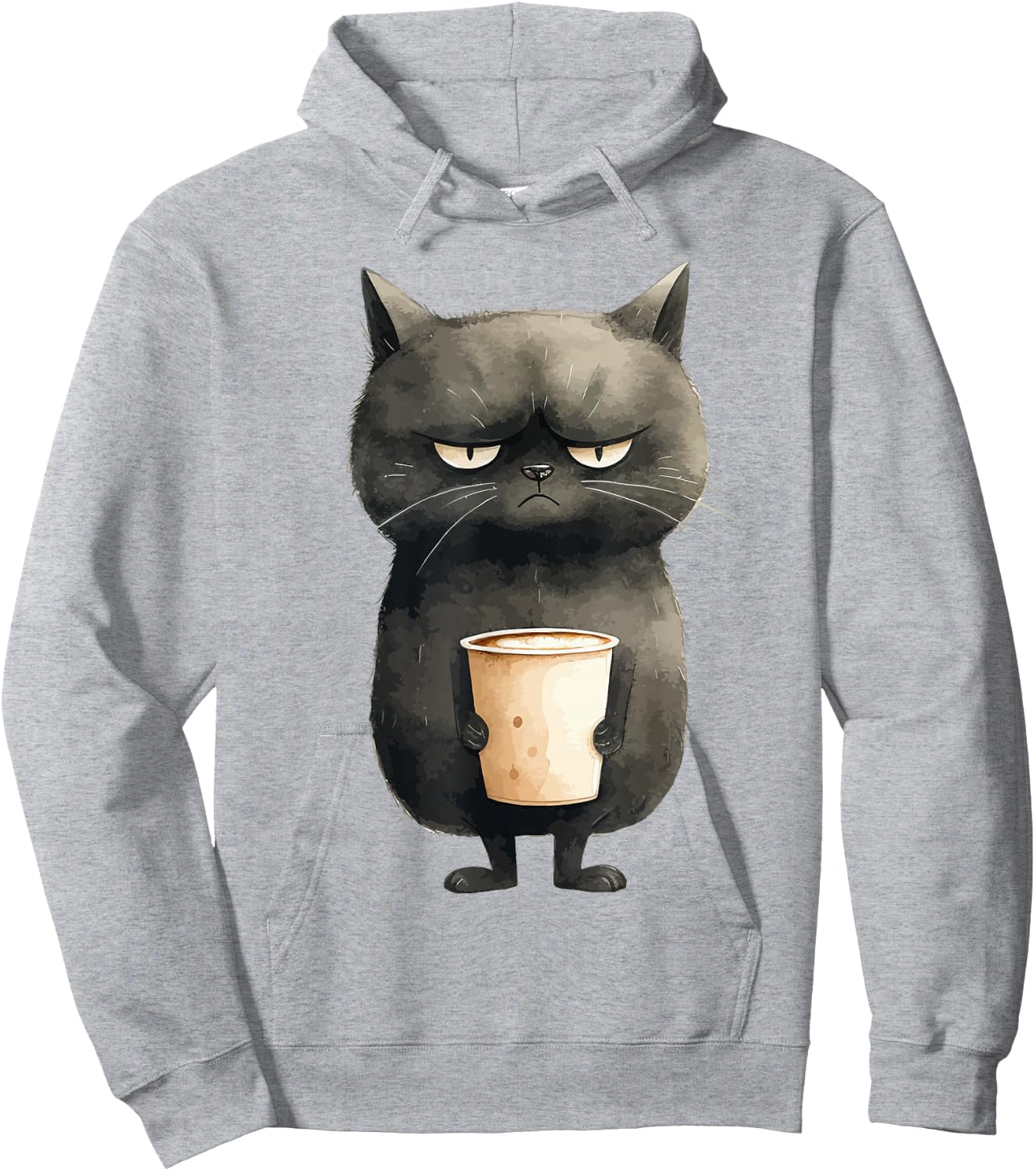 Grumpy Black Cat with Latte Coffee Hoodie - Hoodie | Ash