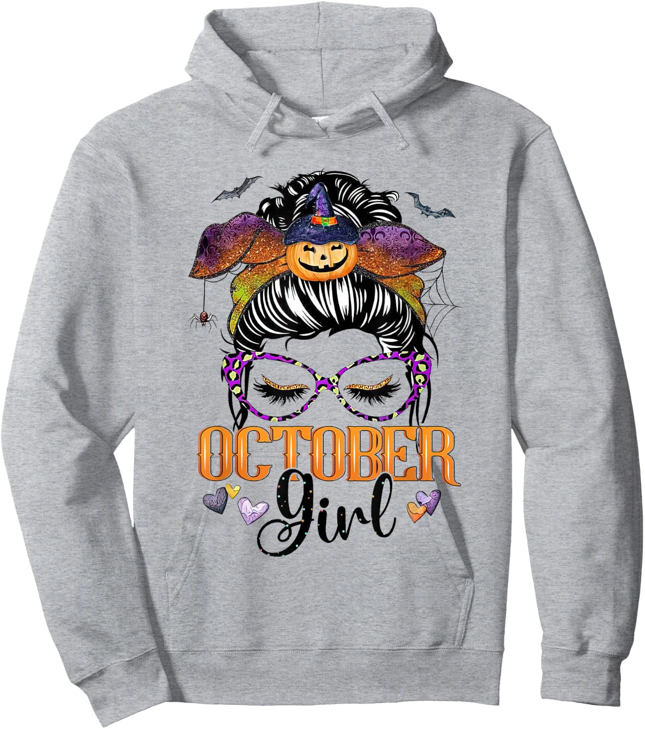 October Girl Halloween Messy Bun Lady Hair Glasses Bandana Hoodie - Hoodie | Ash