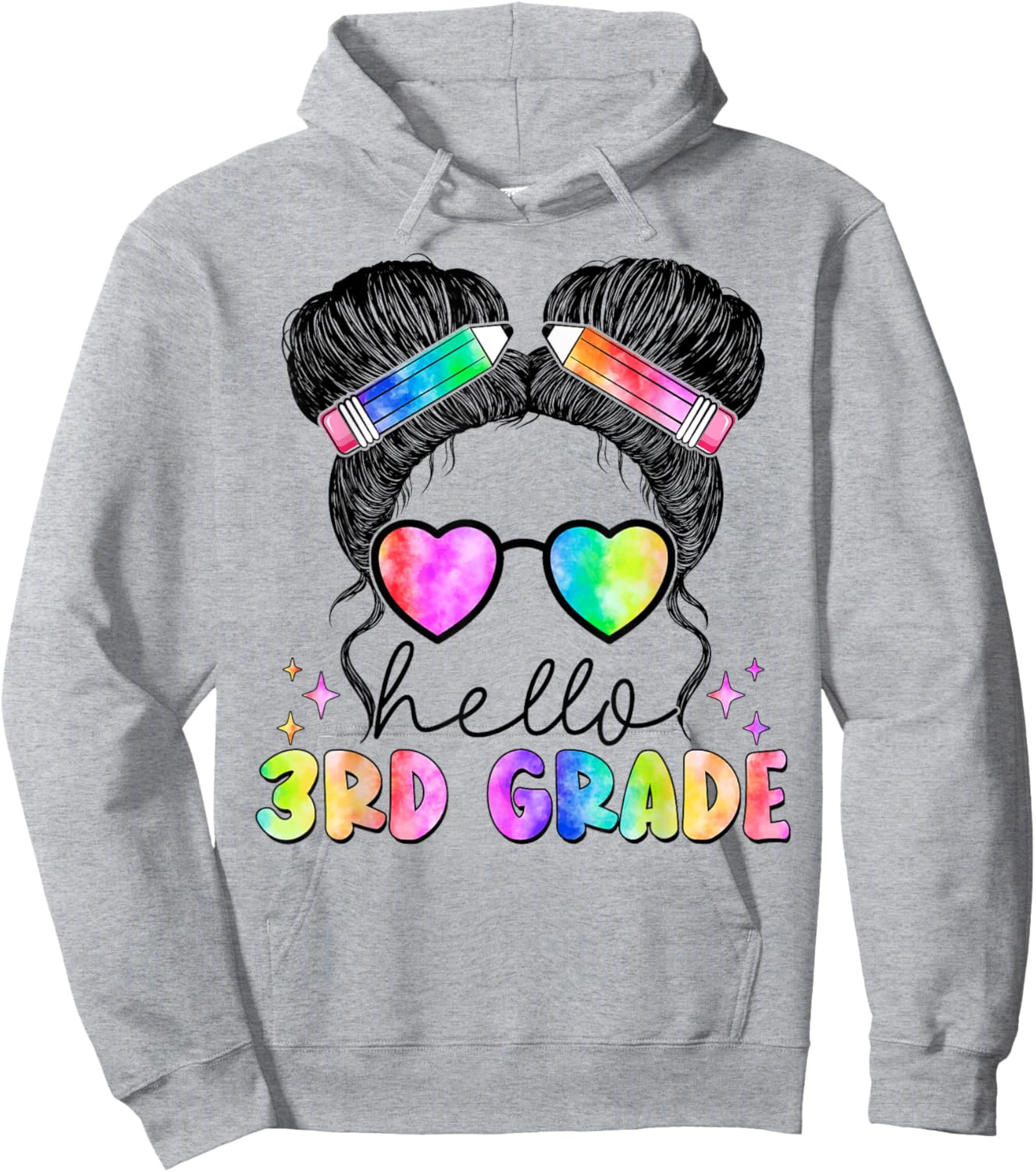 Messy Hair Bun Girl Back To School First Day Hello 3rd Grade Hoodie - Hoodie | Ash