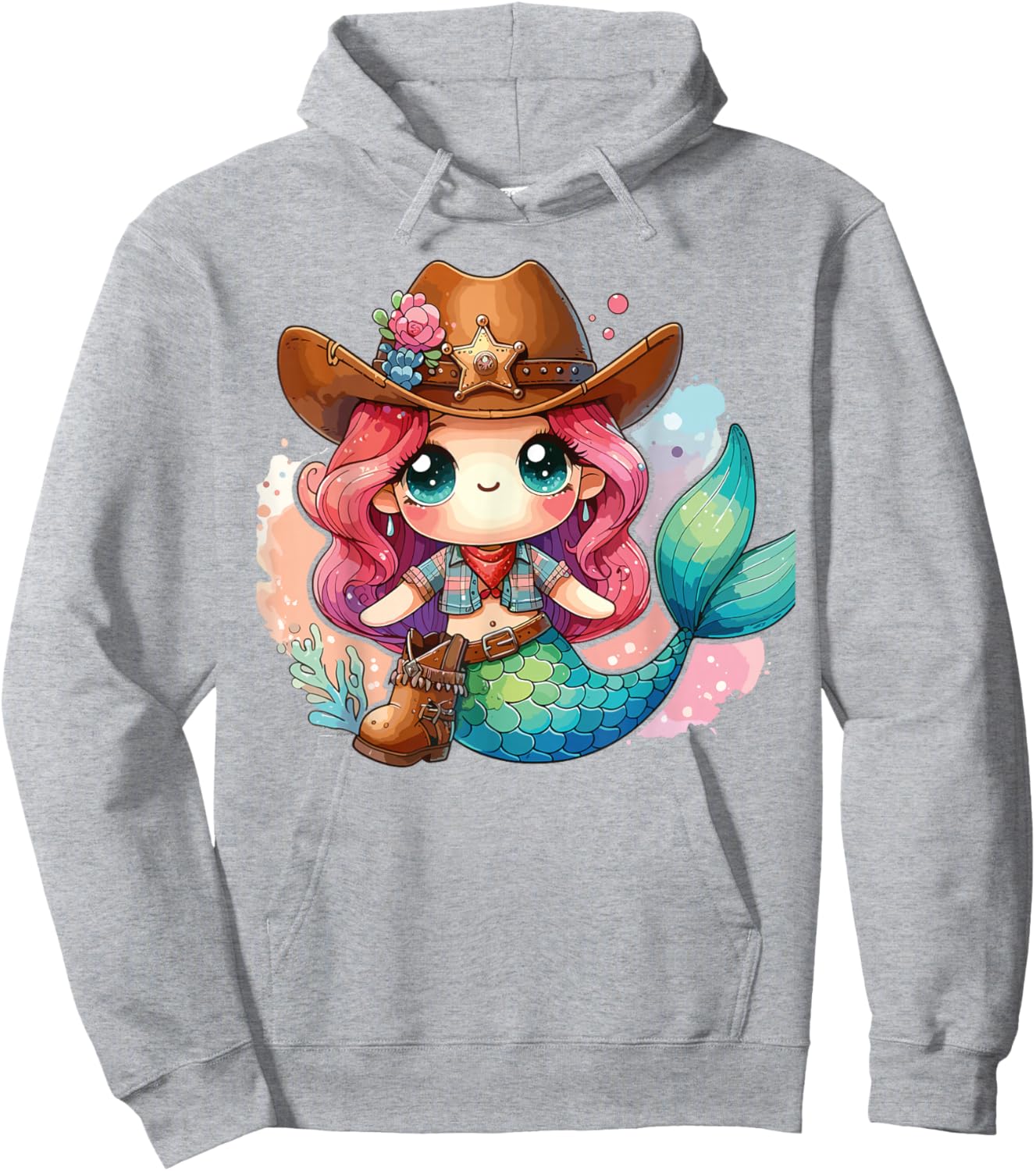 Western Rodeo Cowboy Hat Mermaid Texas Animals Hoodie - Hoodie | Ash
