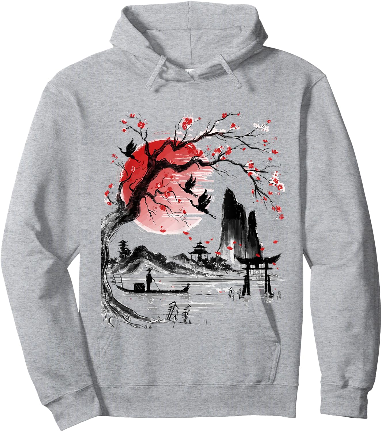 Japanese Tree Red Moon With Birds Flying in background Hoodie - Hoodie | Ash