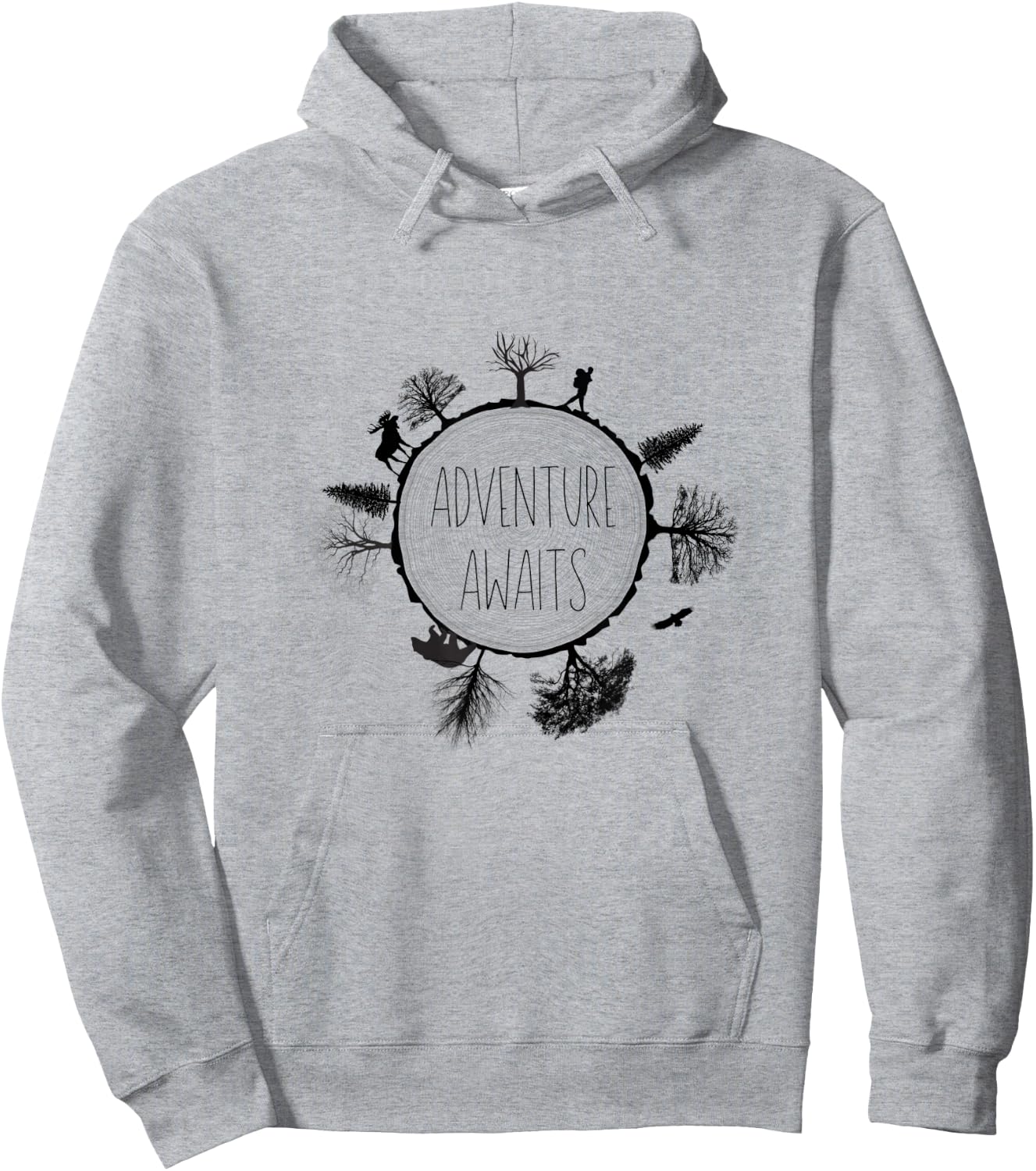 Tree Rings Hiker Moose Bear Eagle Black Adventure Awaits Hoodie - Hoodie | Ash