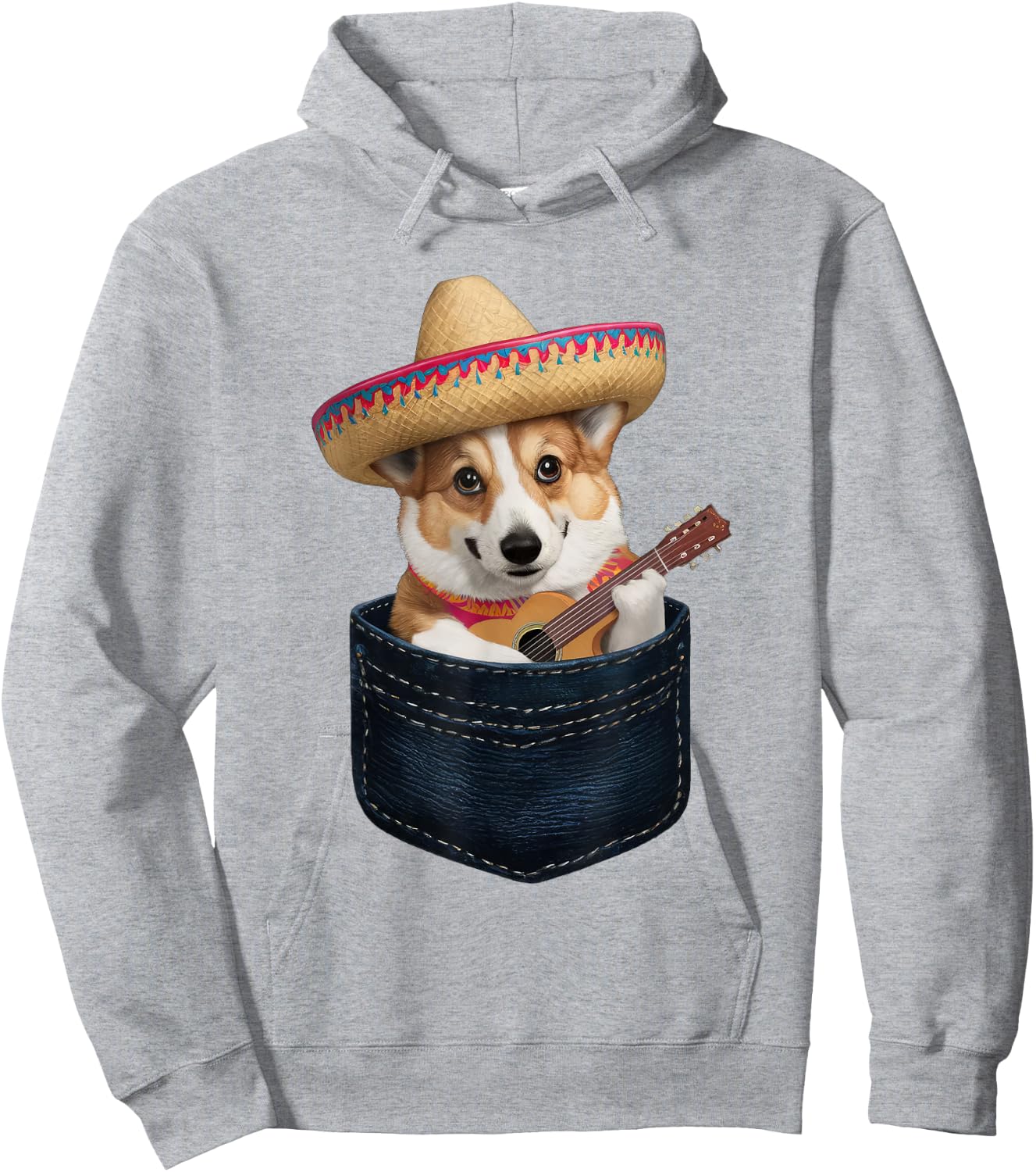 Sombrero Welsh Corgi Dog Playing Guitar Cinco de Mayo Men Women Kids Hoodie - Hoodie | Ash