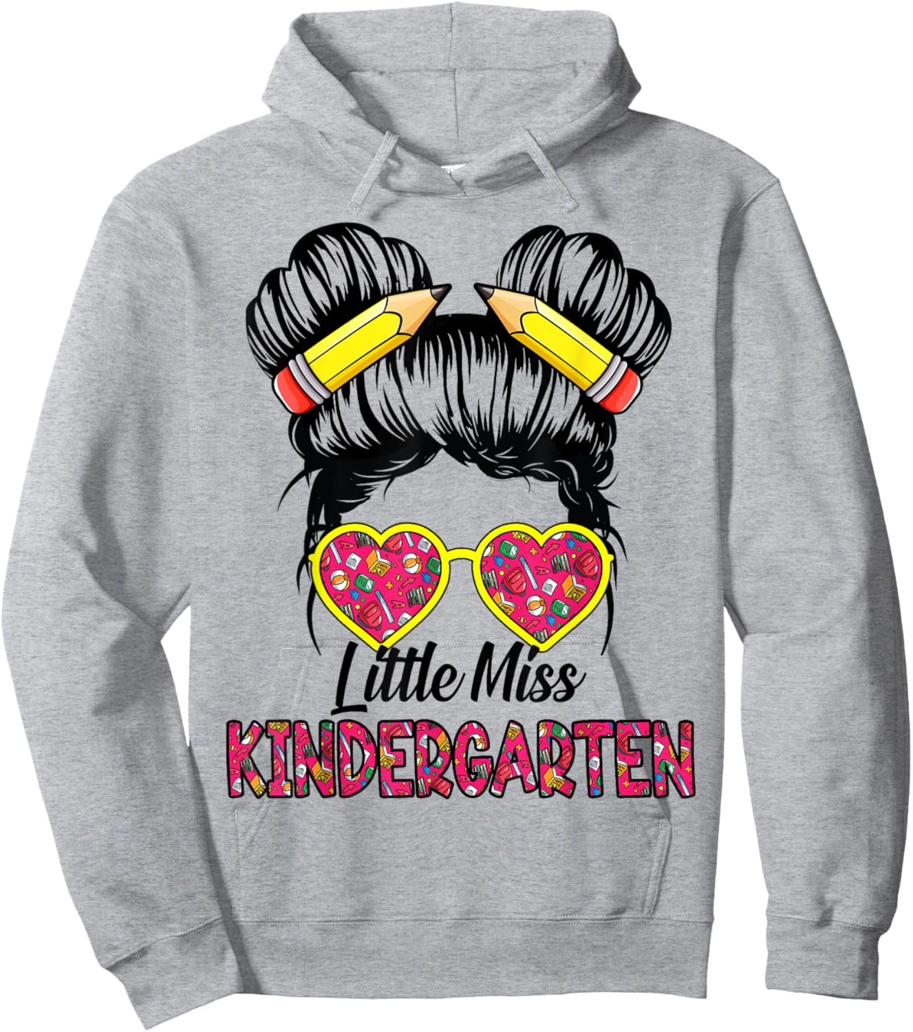 Little Miss Kindergarten Back To School Messy Bun Kids Girls Hoodie - Hoodie | Ash