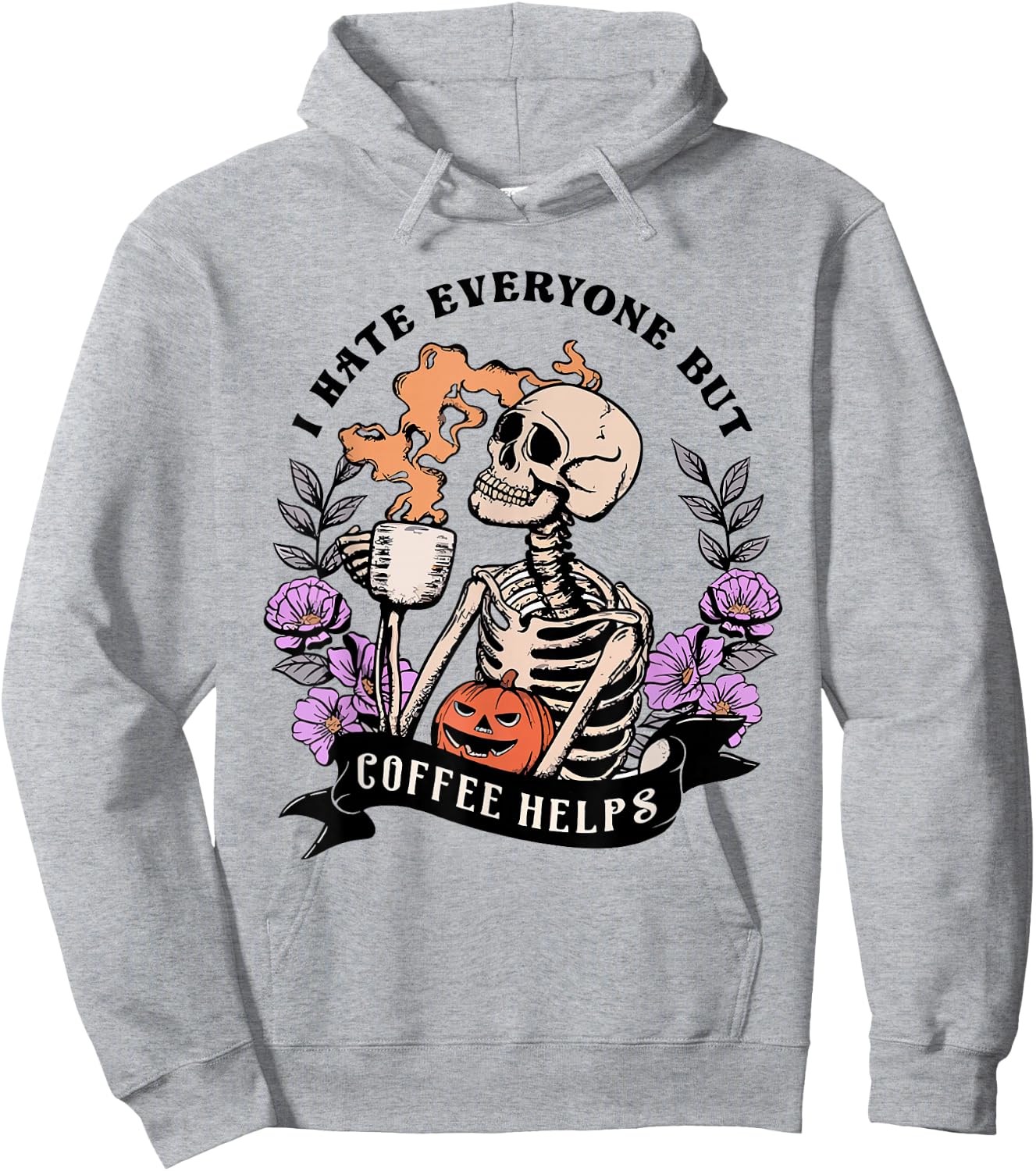 I Hate Everyone But Coffee Helps Vintage Retro Skeleton Hoodie - Hoodie | Ash