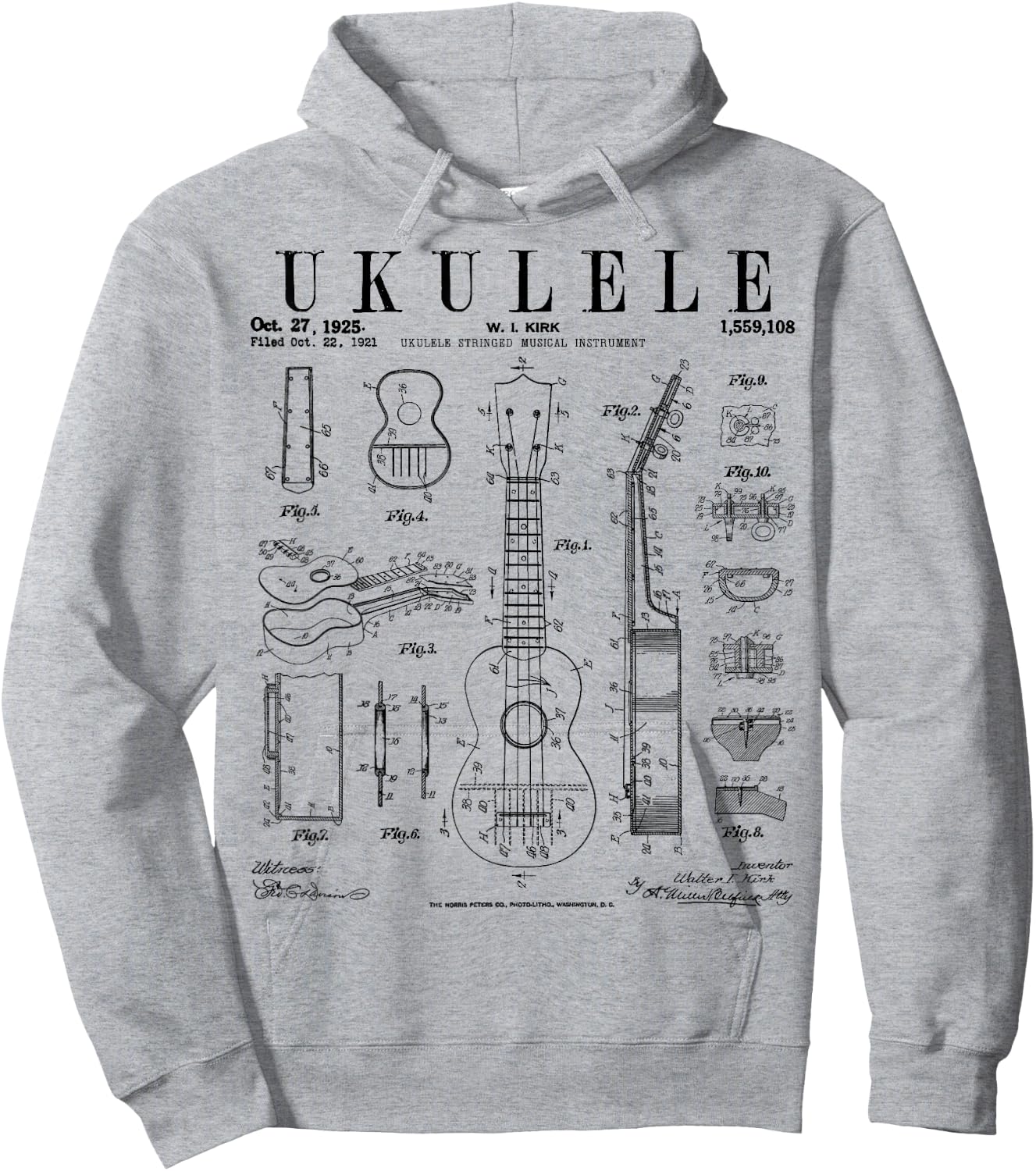Ukulele Musical Instrument Uke Vintage Patent Drawing Print Hoodie - Hoodie | Ash
