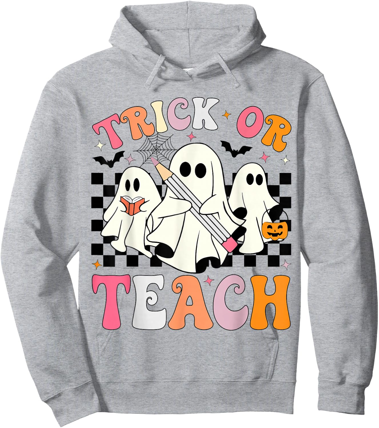 Trick or Teach Groovy Halloween Teacher Ghosts Retro Teacher Hoodie - Hoodie | Ash