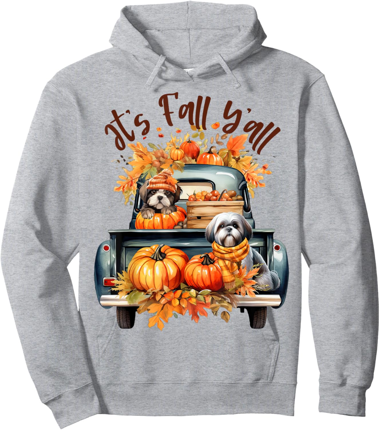 It’s Fall Y’all Shih Tzu Dogs Pumpkins Truck Autumn Season Hoodie - Hoodie | Ash