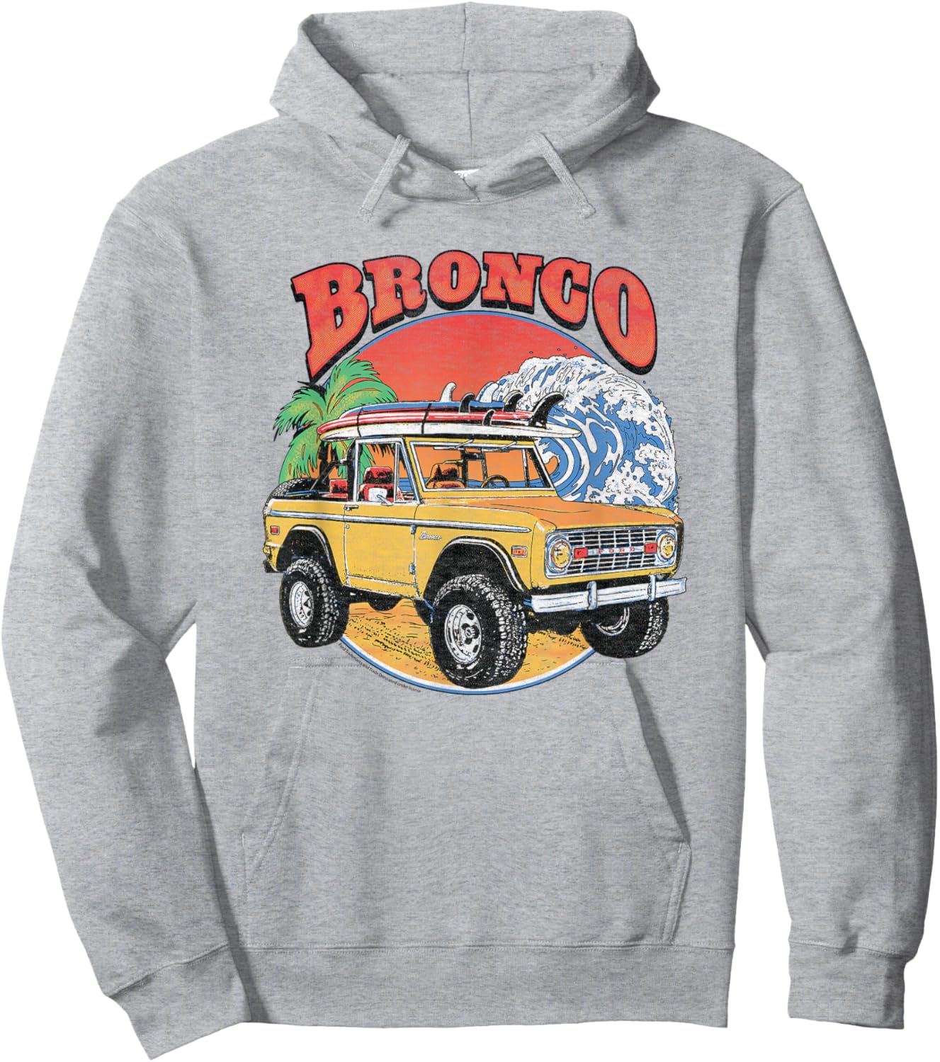 Ford - Yellow Bronco SUV Beach Surfboards And Ocean Wave Hoodie - Hoodie | Ash