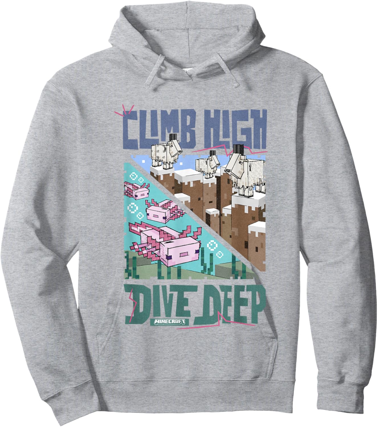Minecraft Climb High Dive Deep Goats & Axolotls Panels Hoodie - Hoodie | Ash