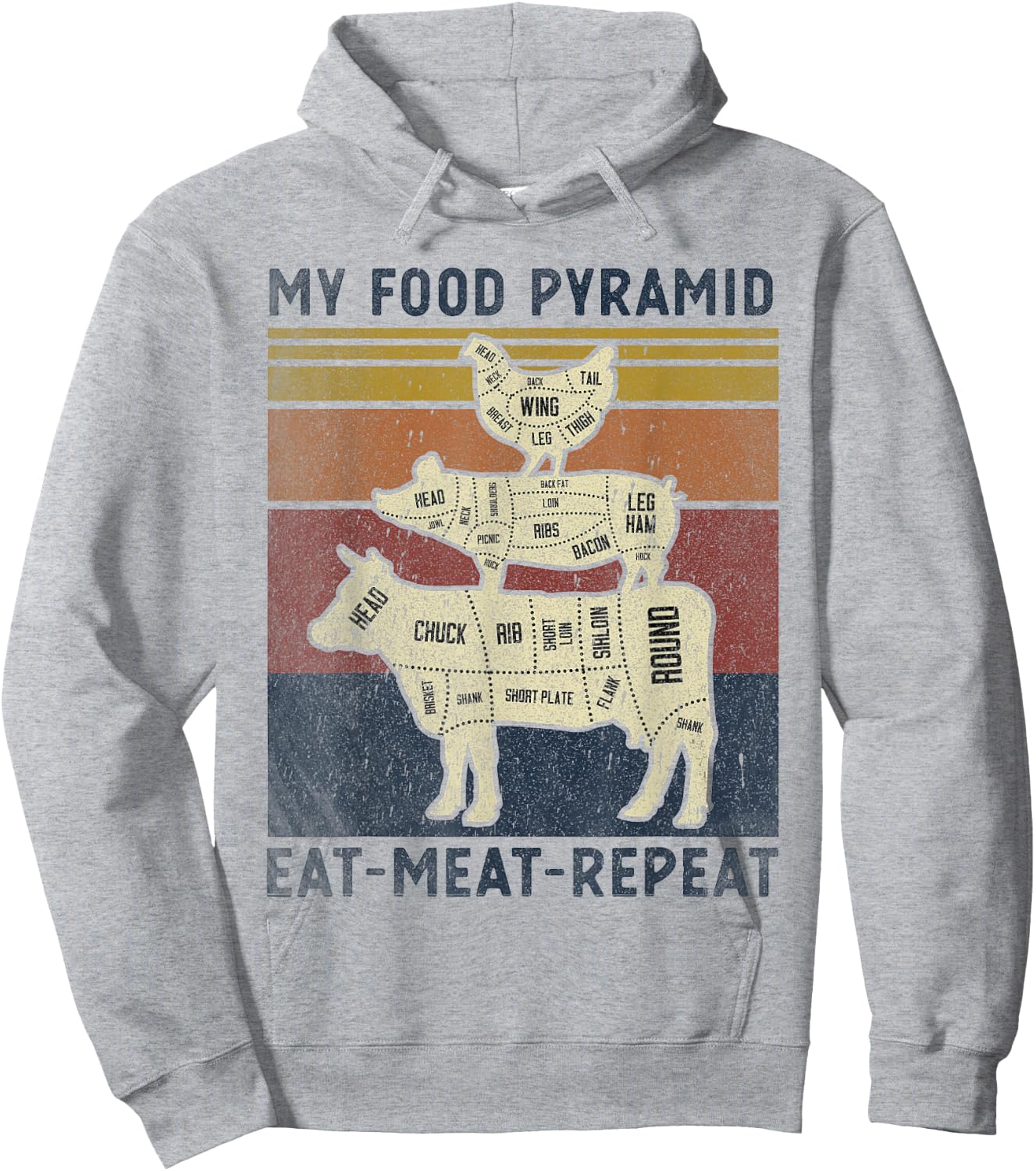 My Food Pyramid Eat Meat Repeat Retro Vintage Funny BBQ Joke Hoodie - Hoodie | Ash