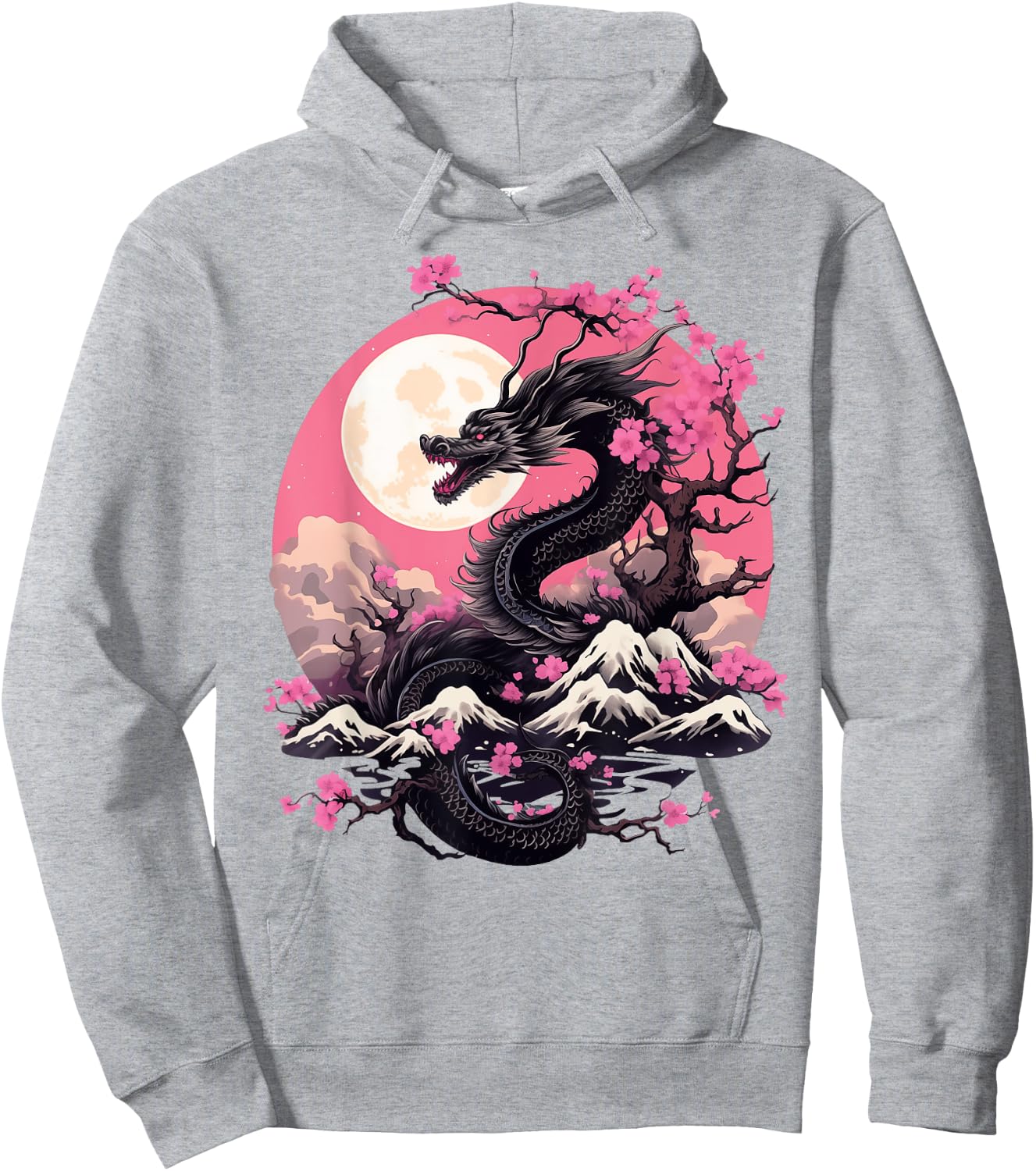 Japanese Dragon & Cherry Blossom Men & Women Full Moon Asian Hoodie - Hoodie | Ash
