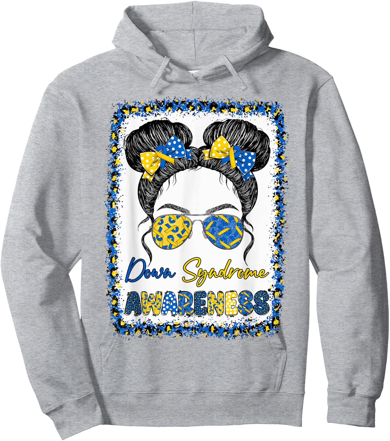 Messy Bun Girl Yellow Blue Bow Ties Sunglasses Down Syndrome Hoodie - Hoodie | Ash