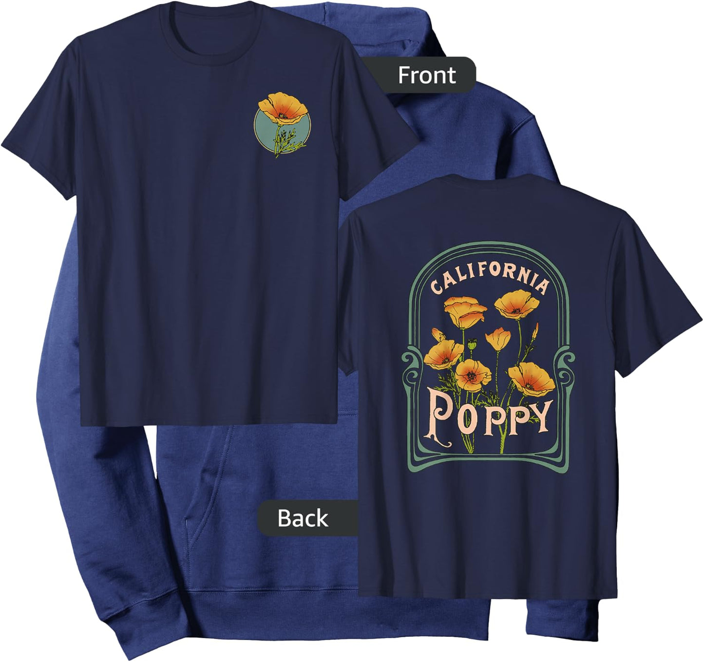 California Poppy Creative Outline and Picture Front & Back Hoodie - Hoodie | Navy