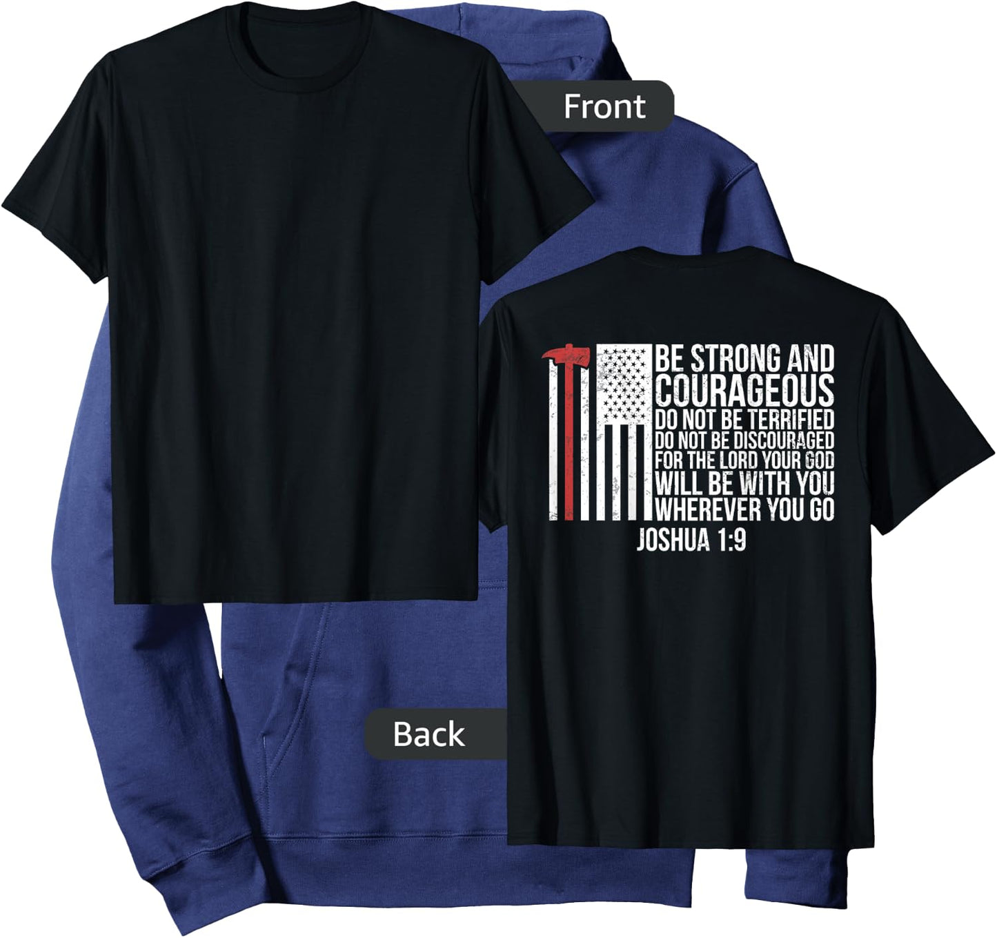 Thin Red Line Firefighter - Joshua 1:9 Bible Verse (ON BACK) Hoodie - Hoodie | Navy