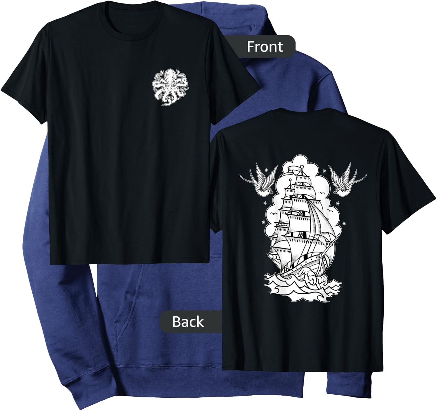 Octopus, Old School Sailor Tattoo Clipper Ship and Swallows Hoodie - Hoodie | Navy