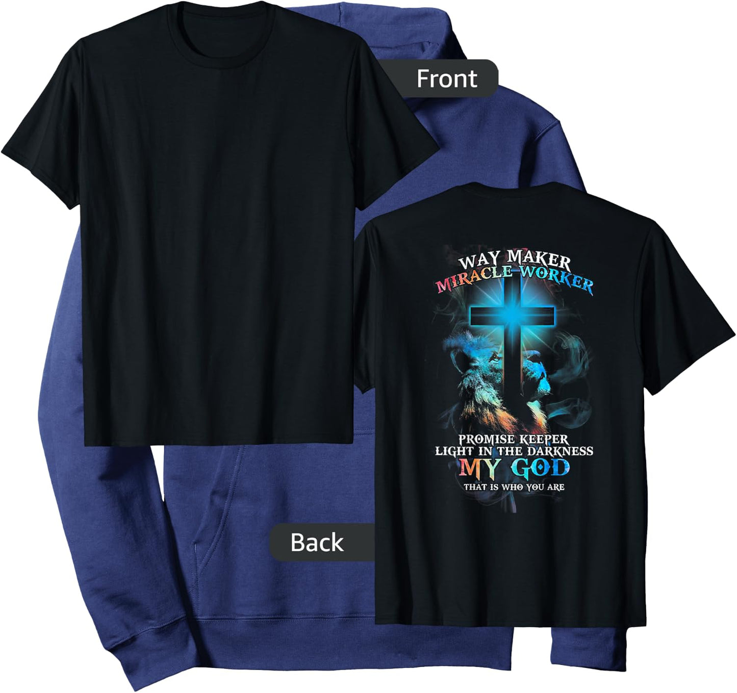 Lion Cross Light Colorful Waymaker Miracle Worker (on back) Hoodie - Hoodie | Navy