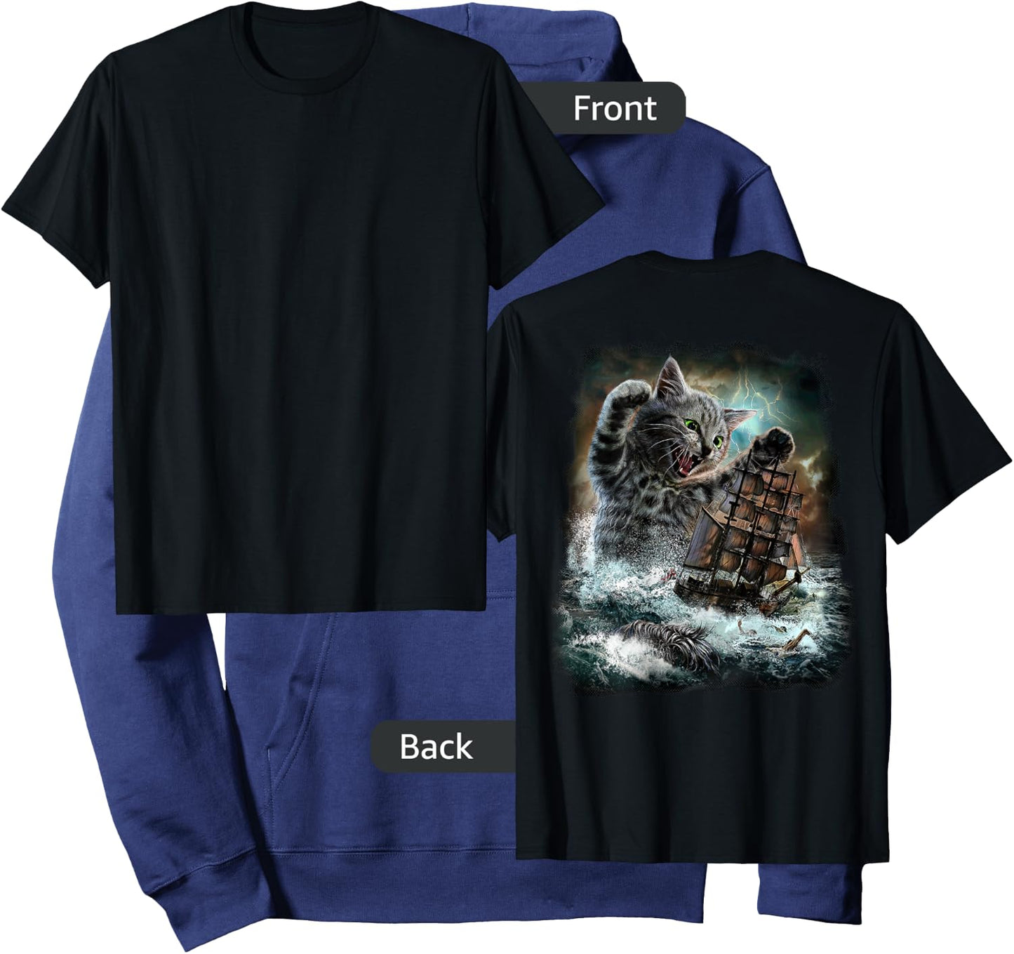 Giant Cat as Kraken Sea Monster Ambush a War Ship in Ocean Hoodie - Hoodie | Navy