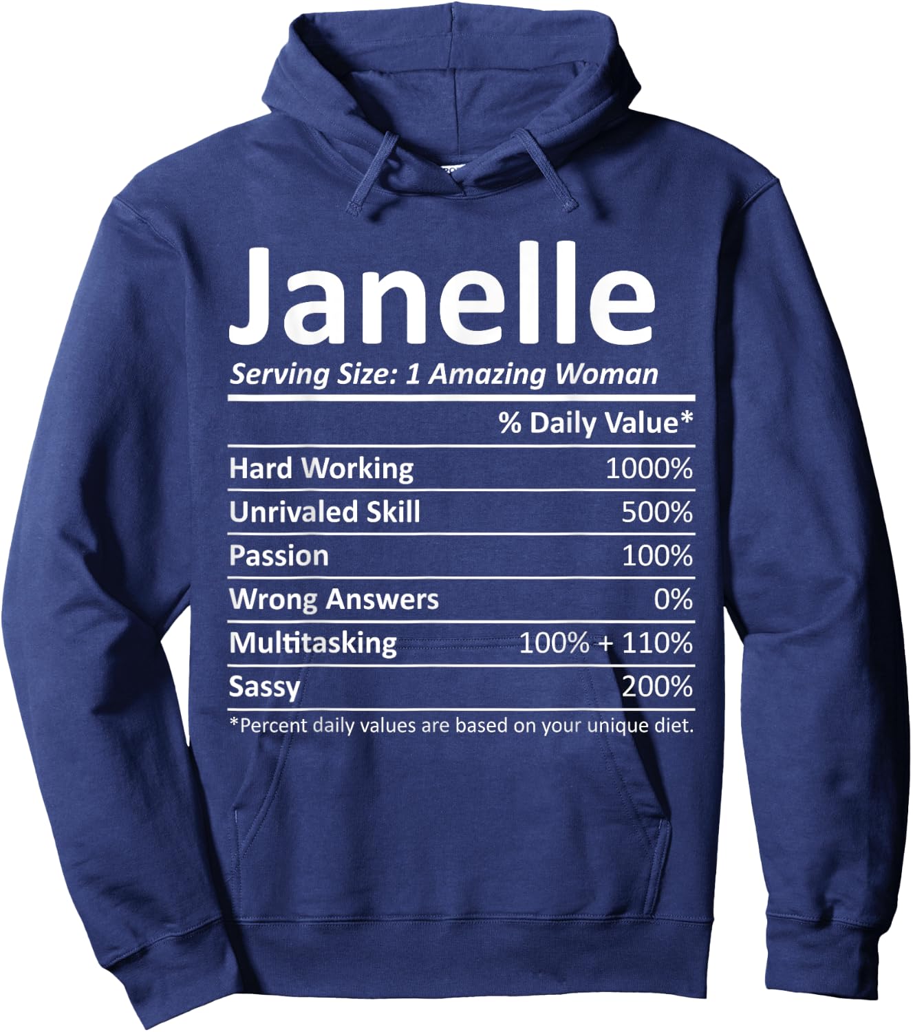Custom Girl Women Mom Fun Birthday Nutrition Facts Janelle Personalized Name Funny Hoodie - Hoodie | Navy