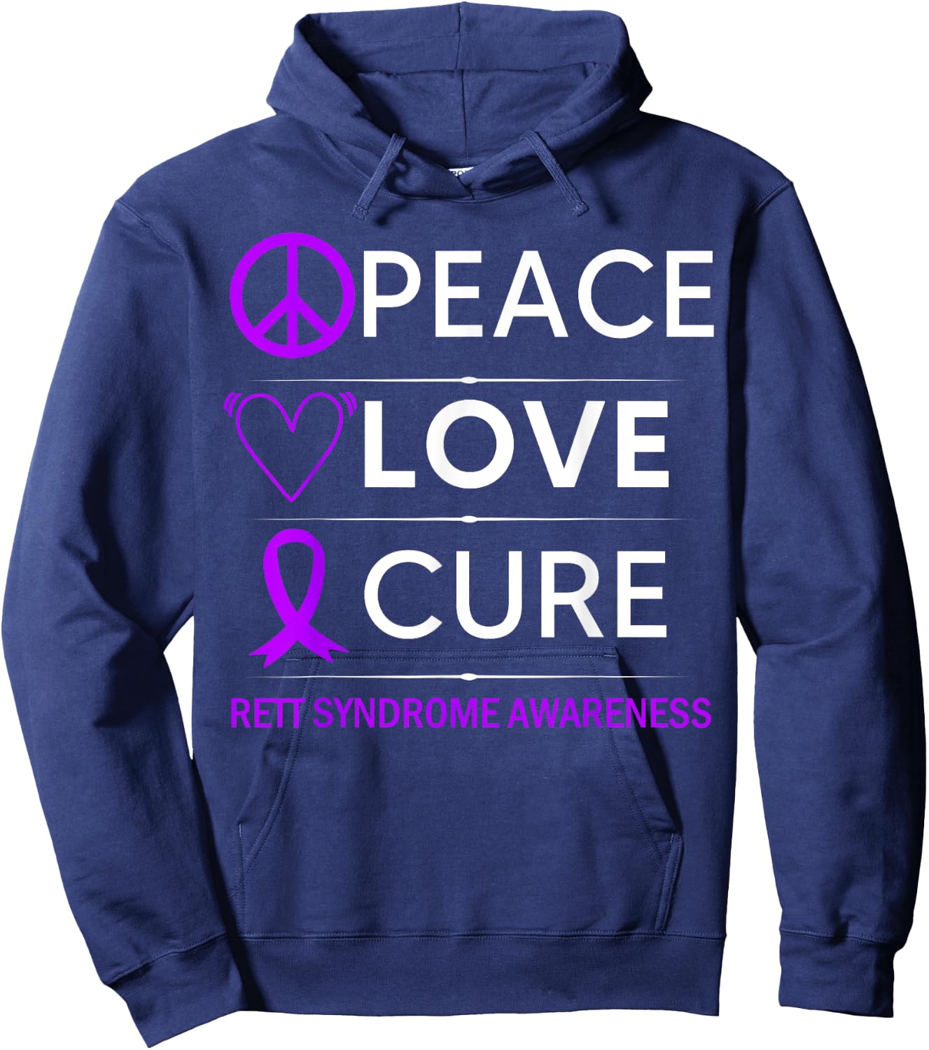 Rett Syndrome Awareness Peace Love Cure Purple Ribbon Hoodie - Hoodie | Navy