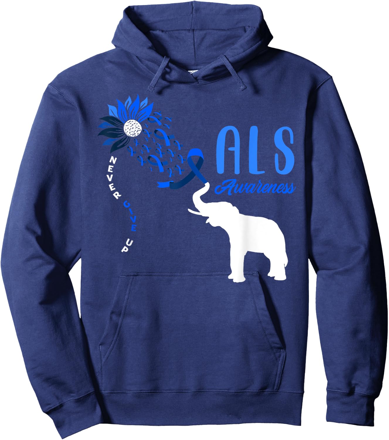 Blue Ribbon Elephant ALS Warrior Support ALS Awareness Hoodie - Hoodie | Navy