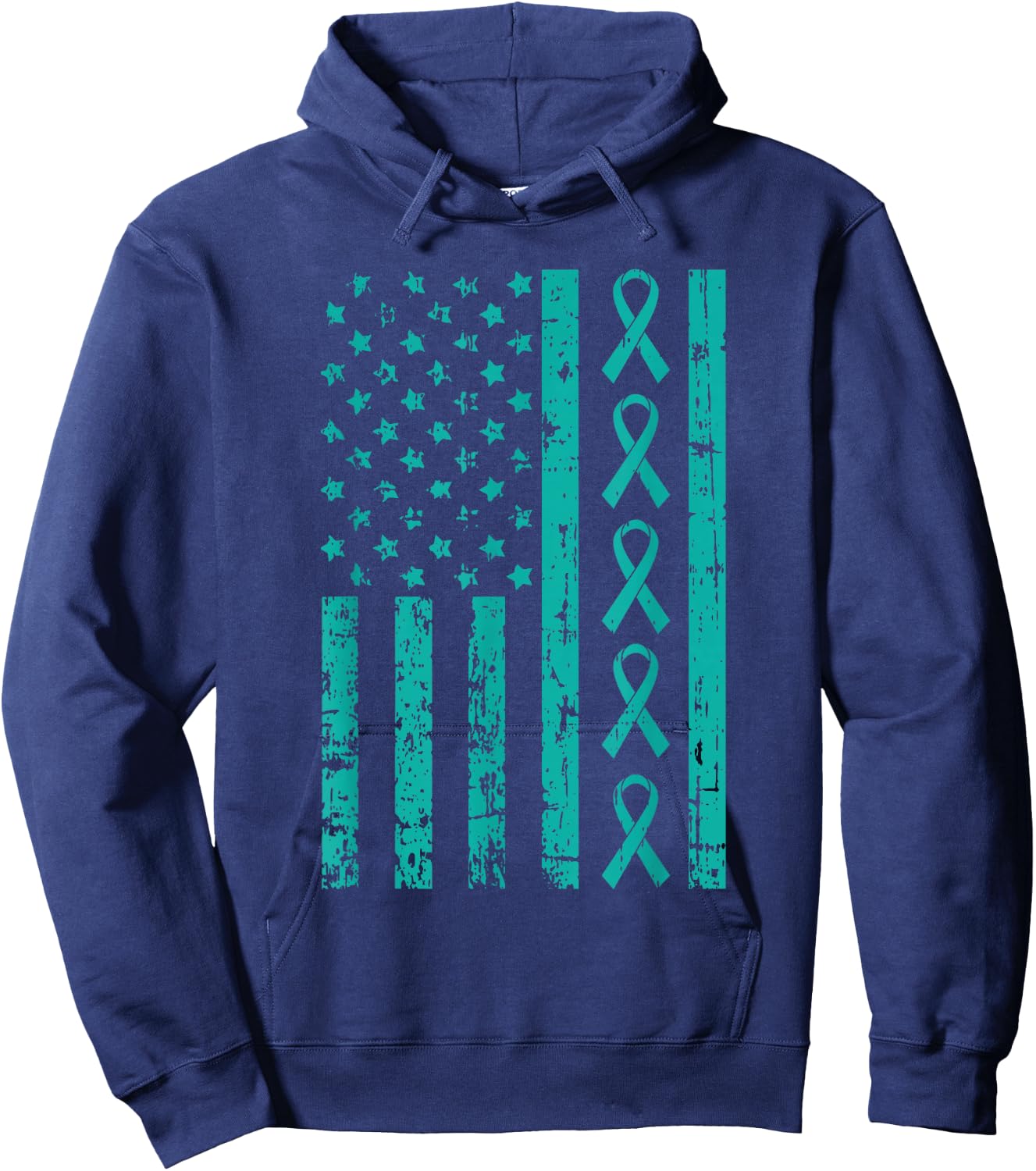 American Flag Teal Ribbon Cool Ovarian Cancer Awareness Gift Hoodie - Hoodie | Navy