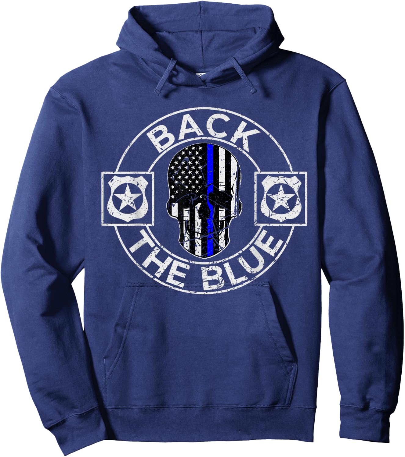 Back The Blue Thin Line Distressed American Flag Skull Hoodie - Hoodie | Navy