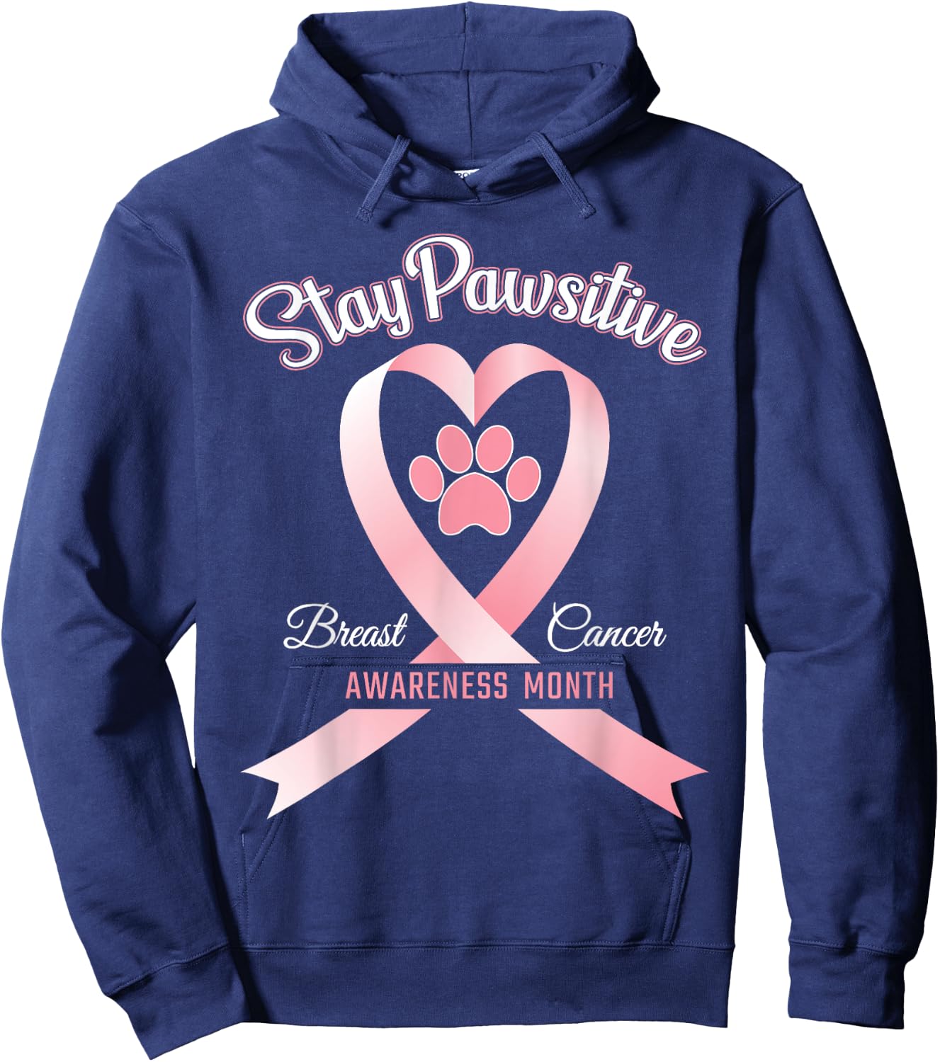 Pink Ribbon Dog Shirt Breast Cancer Stay Pawsitive Gift Hoodie - Hoodie | Navy