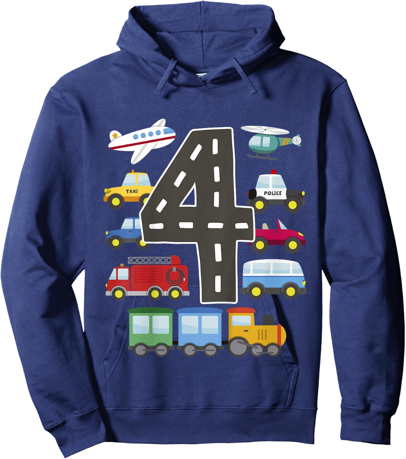 4 Year Old Transportation Birthday Car Train Plane 4th Gift Hoodie - Hoodie | Navy