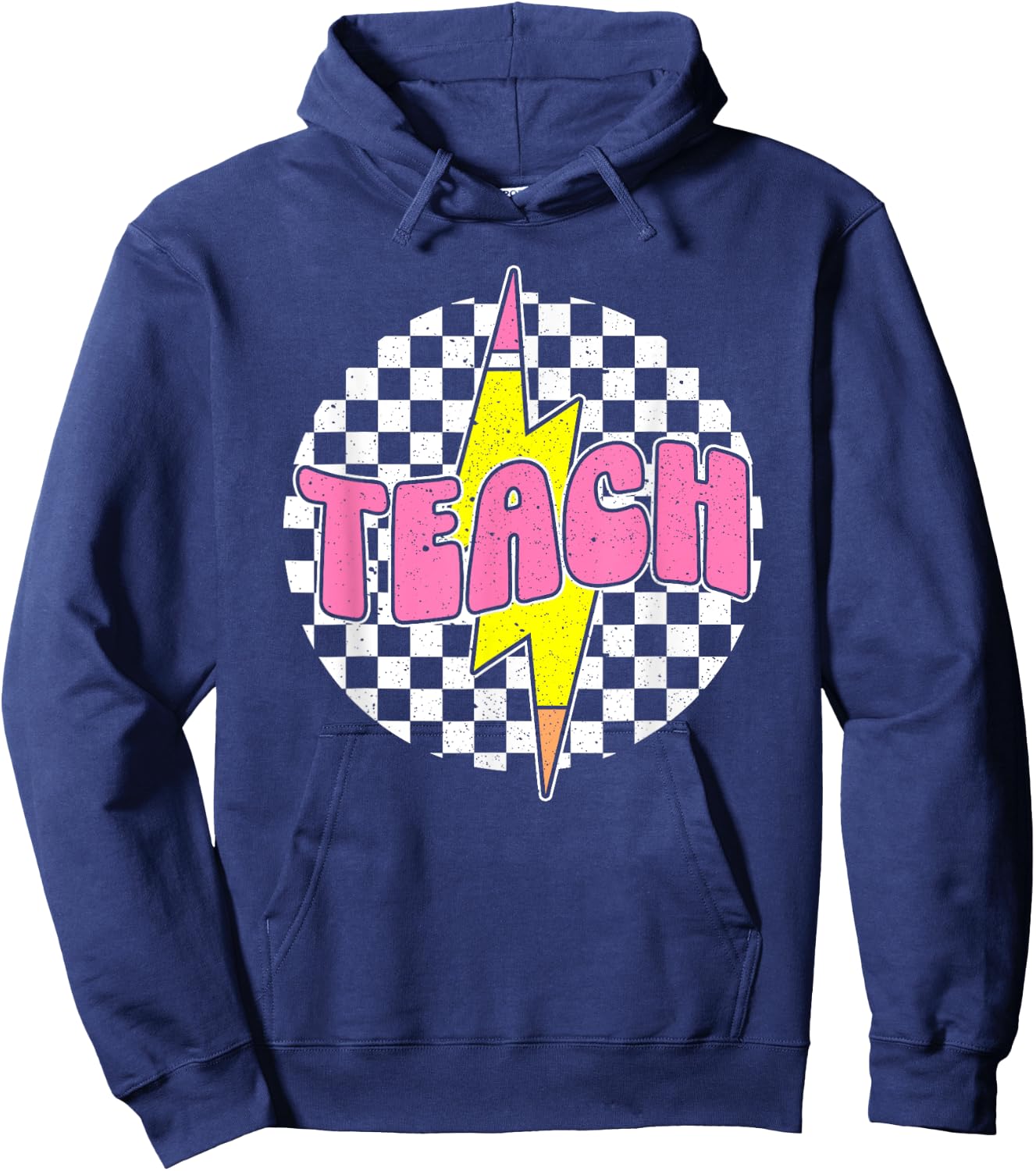 Checkered Teach Pencil Lightning Bolt Back To School Hoodie - Hoodie | Navy