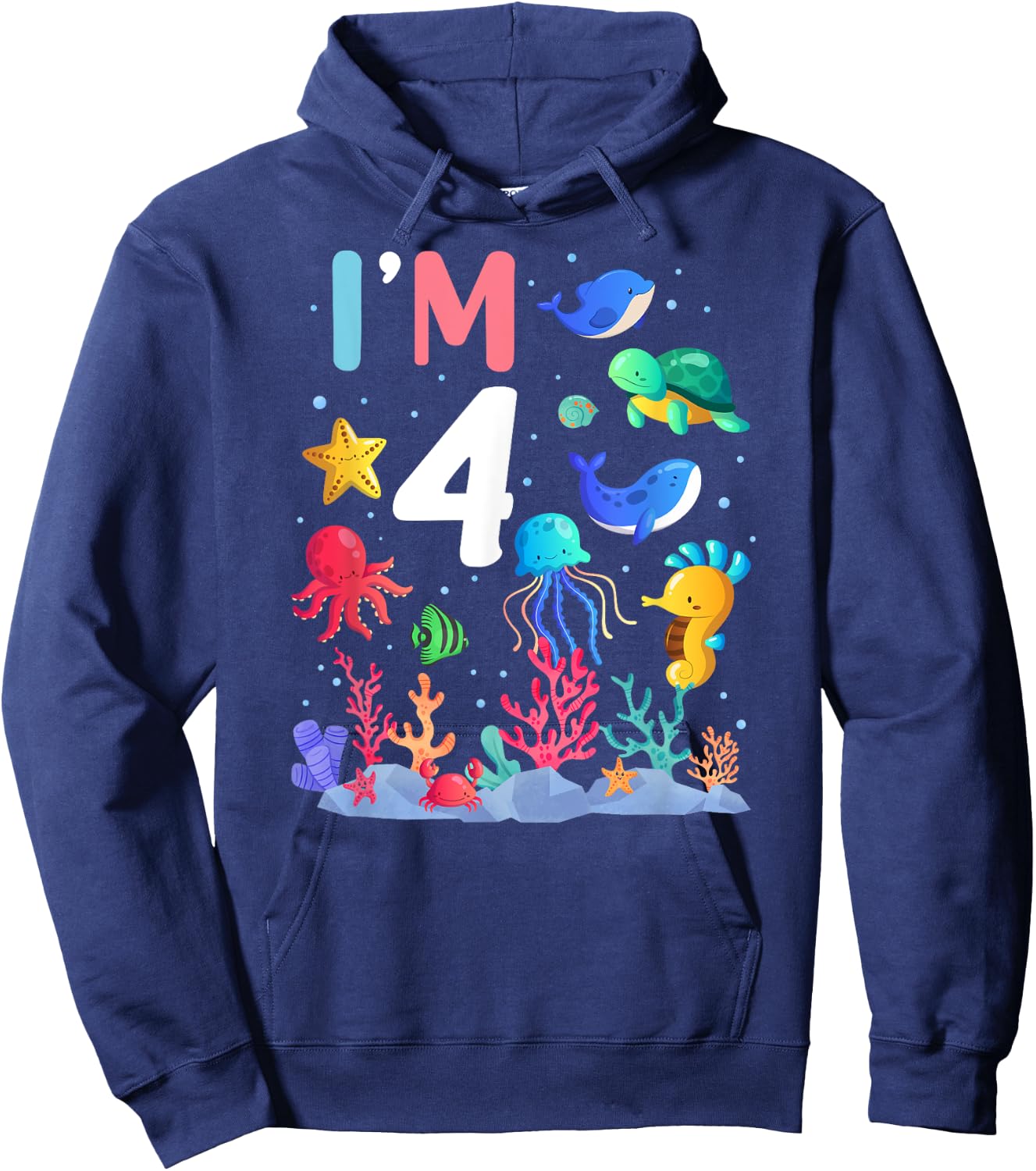 4th Birthday Party Turtle Jellyfish I'm 4 Years Old age Bday Hoodie - Hoodie | Navy