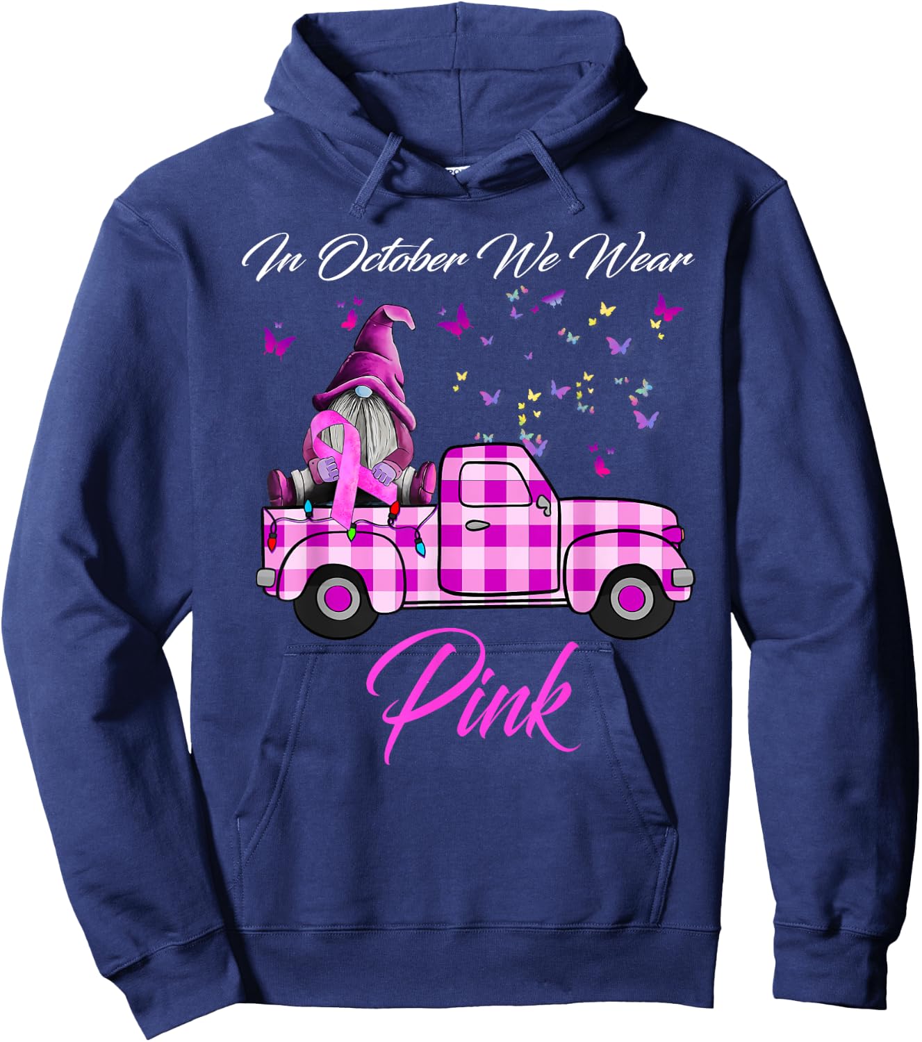 In October We Wear Pink Gnome Truck Breast Cancer Awareness Hoodie - Hoodie | Navy