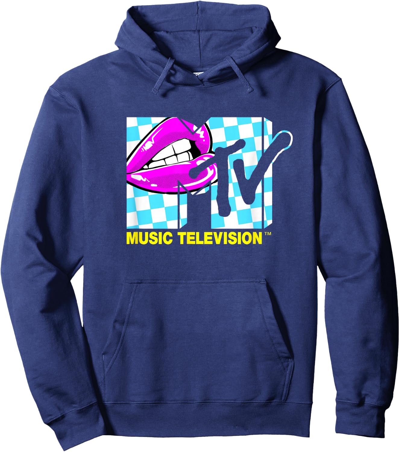 Mademark x MTV - Retro 1980s Pink Lips Checkered Kiss Hoodie - Hoodie | Navy