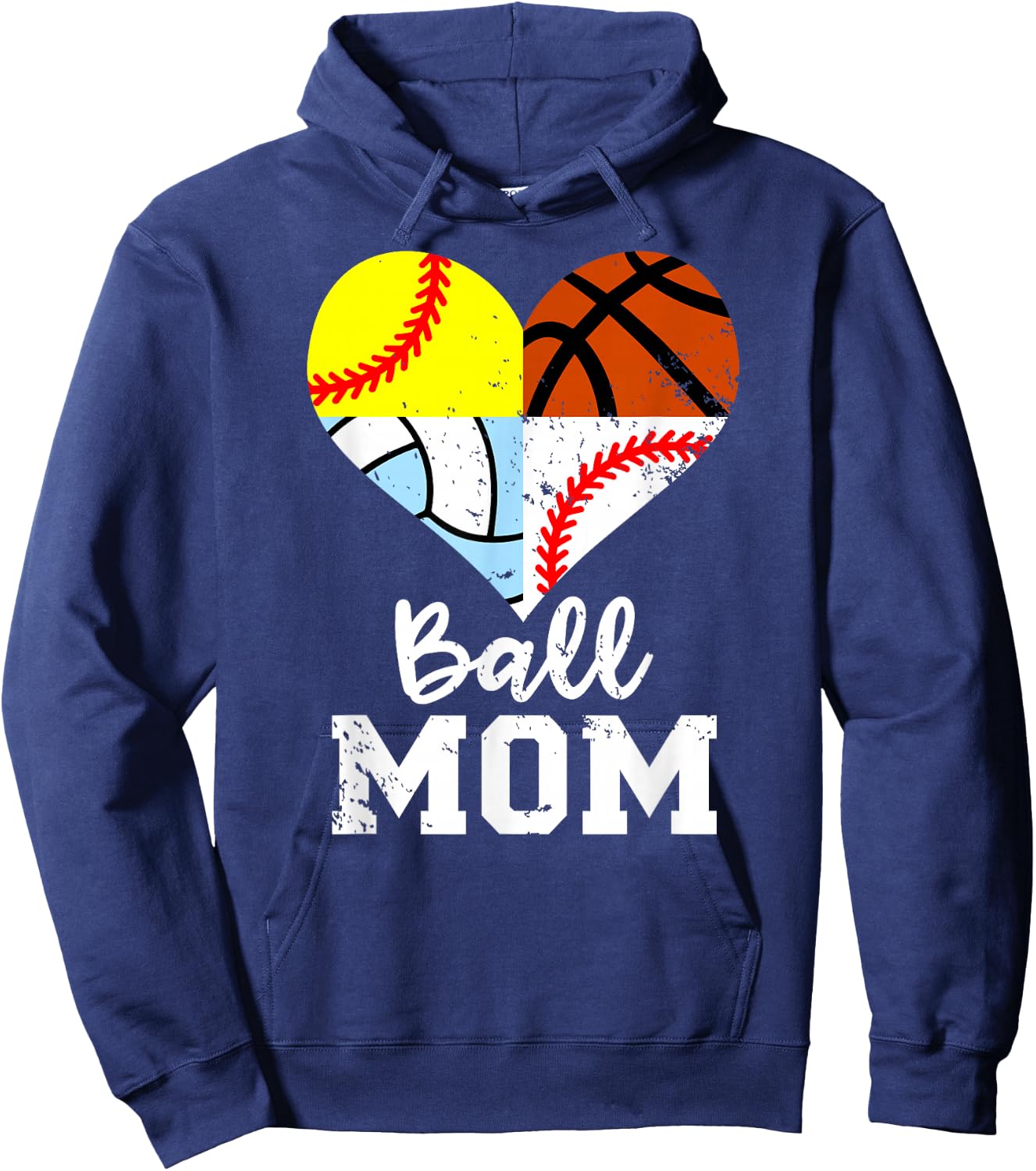 Ball Mom Funny Baseball Softball Volleyball Basketball Heart Hoodie - Hoodie | Navy