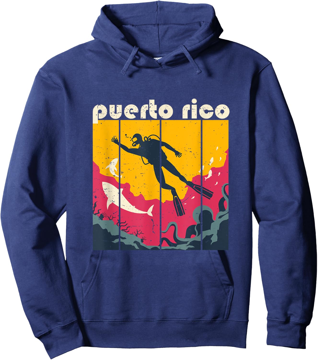 Vintage Retro Puerto Rico Diving and Snorkeling Scuba Diver Hoodie - Hoodie | Navy