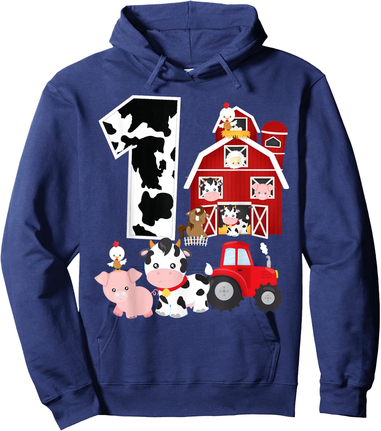 Farm Barnyard Theme Pig Cow Horse 1st Birthday 1 Yrs Old Hoodie - Hoodie | Navy