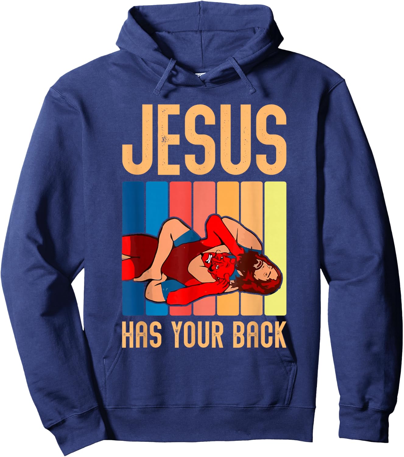 Jesus Has Your Back Funny Vintage Wrestler Wrestling Hoodie - Hoodie | Navy