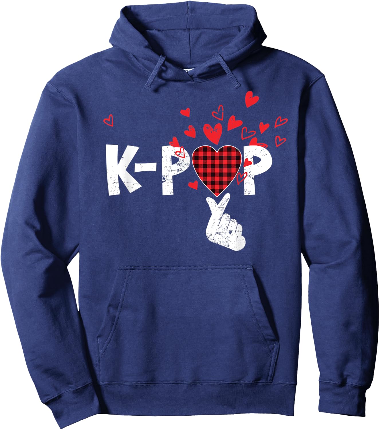 Cute K-Pop Lovers Korean Love Sign Red Buffalo Plaid Pajama Hoodie - Hoodie | Navy