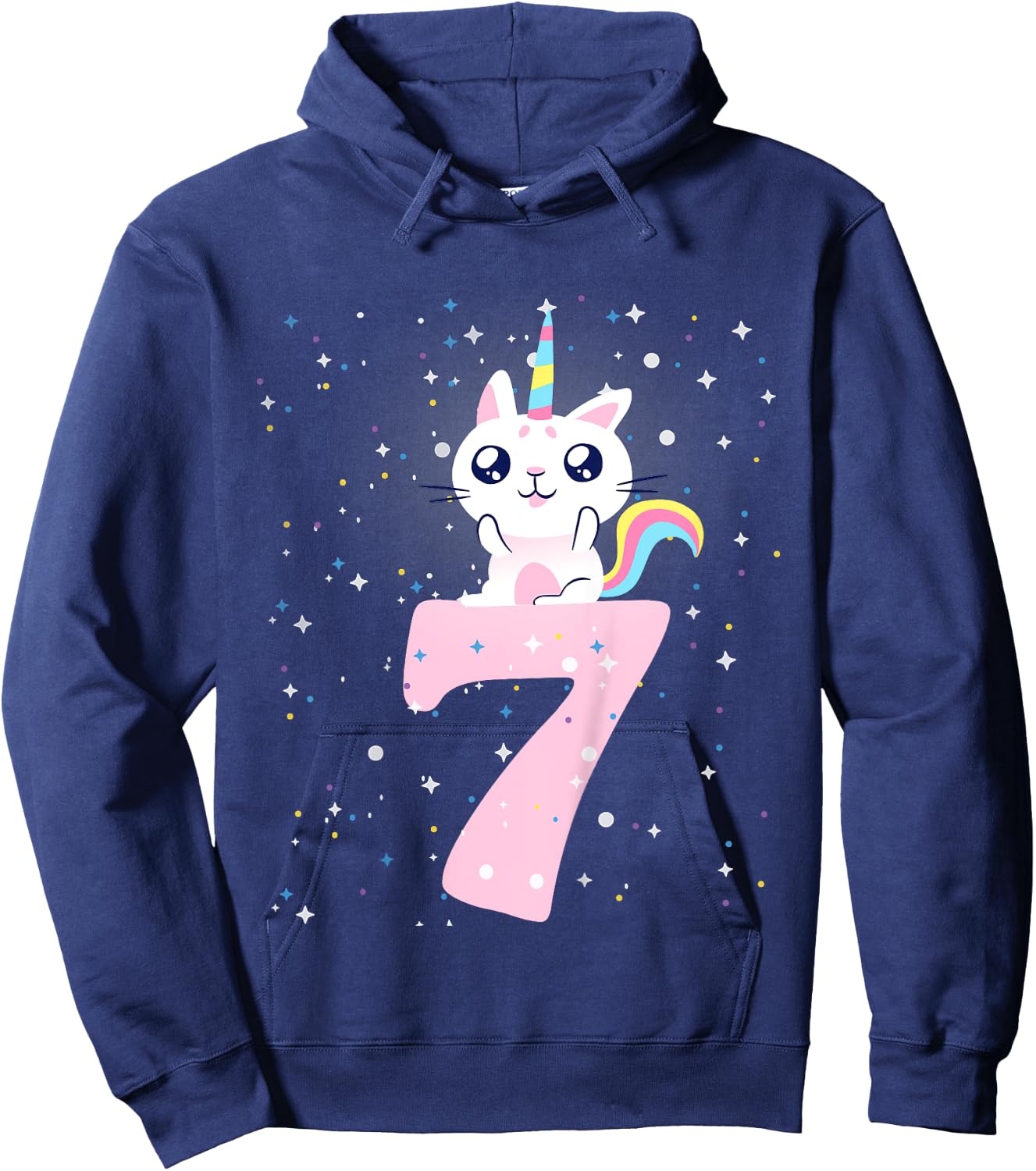 Kids 7th birthday girl outfit unicorn cat Hoodie - Hoodie | Navy