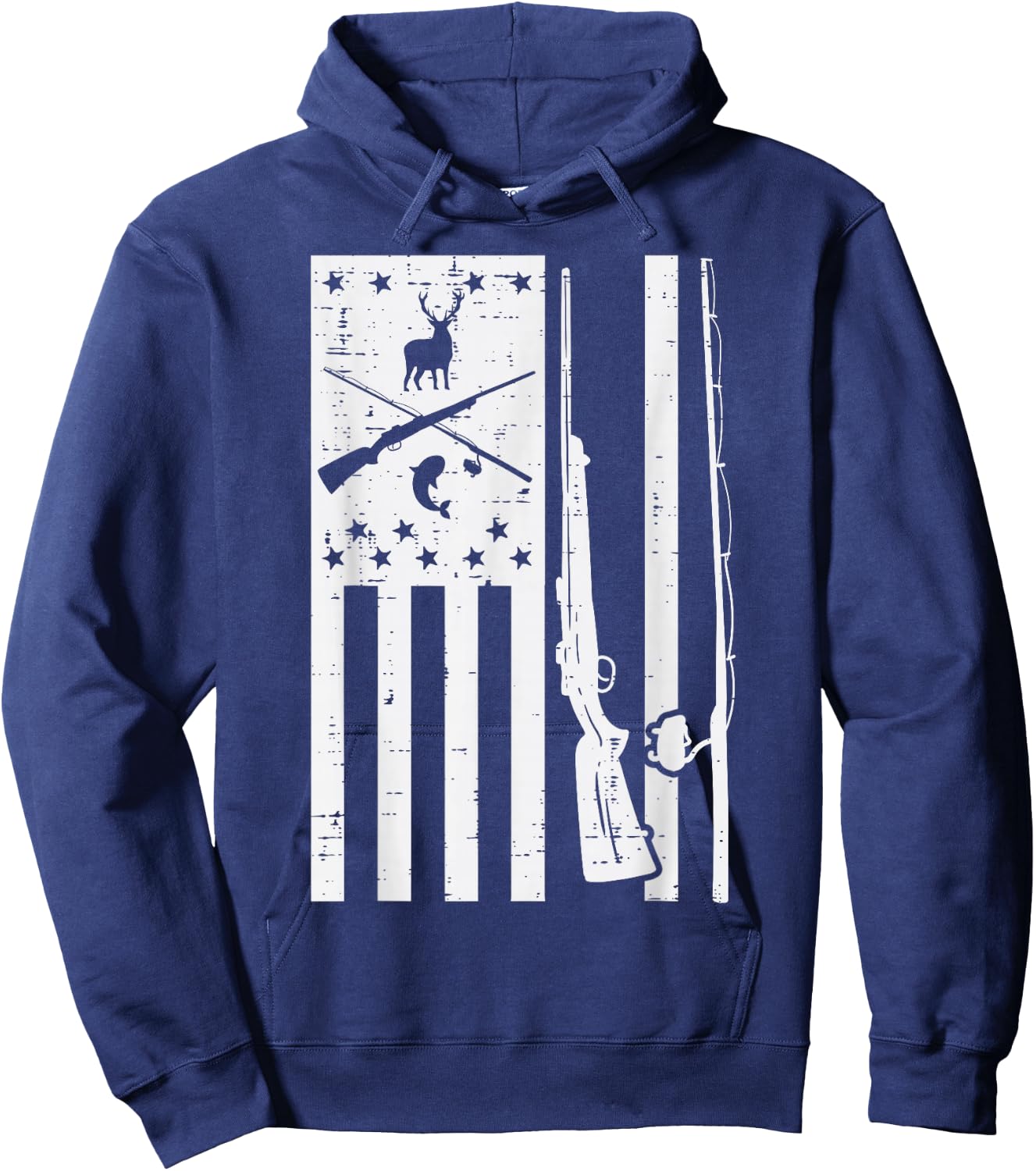 White US Flag Rifle Fishing Rod Fish Deer Hunting Patriotic Hoodie - Hoodie | Navy