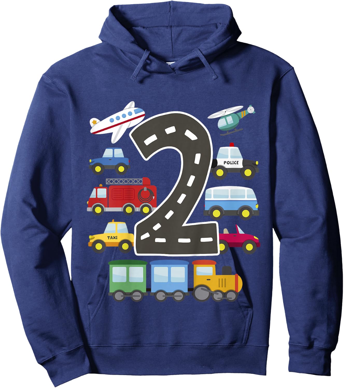 Kids 2 Year Old Transportation Birthday Car Train Plane 2nd Gift Hoodie - Hoodie | Navy