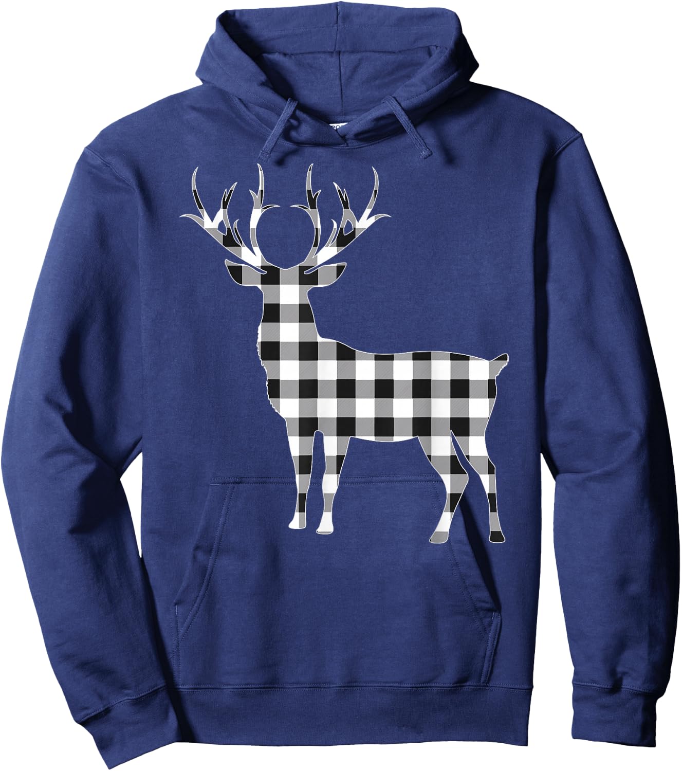 Black and White Buffalo Plaid Reindeer Christmas Deer Pajama Hoodie - Hoodie | Navy