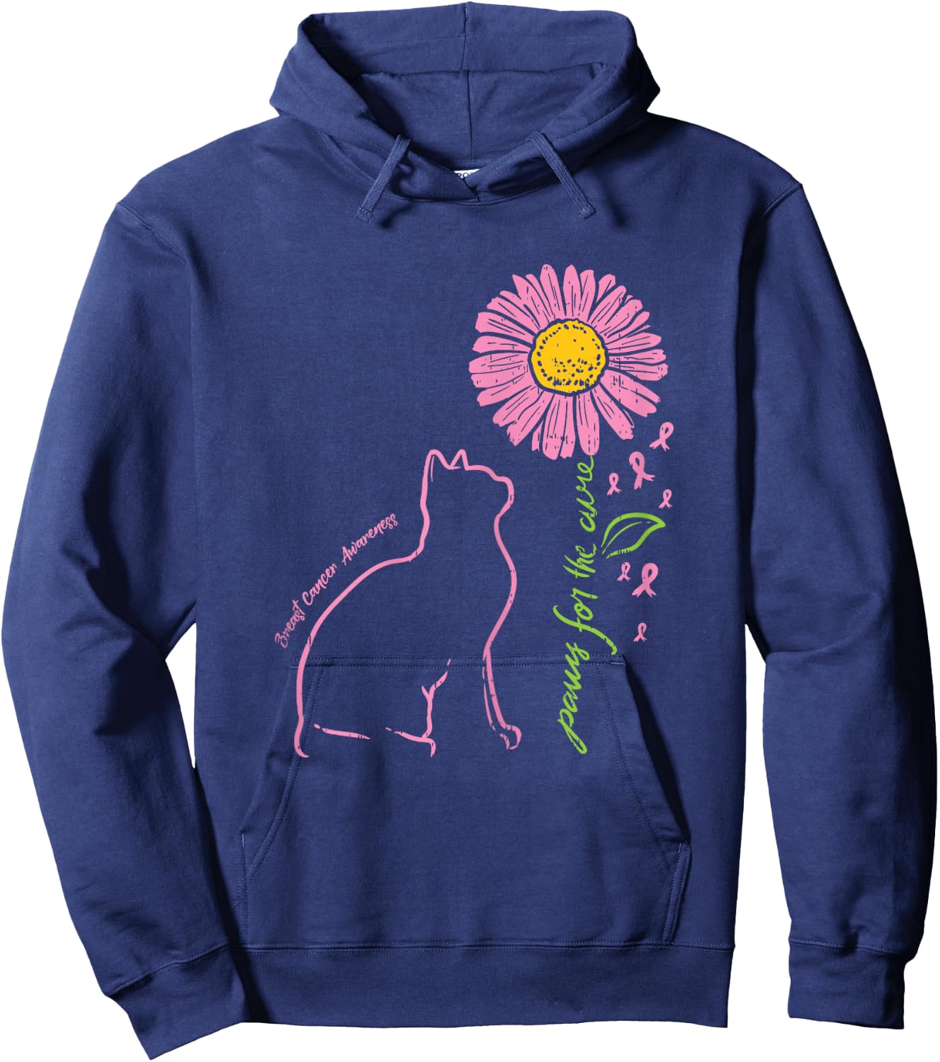 Cat Flower Paw For Cure Breast Cancer Awareness Support Gift Hoodie - Hoodie | Navy