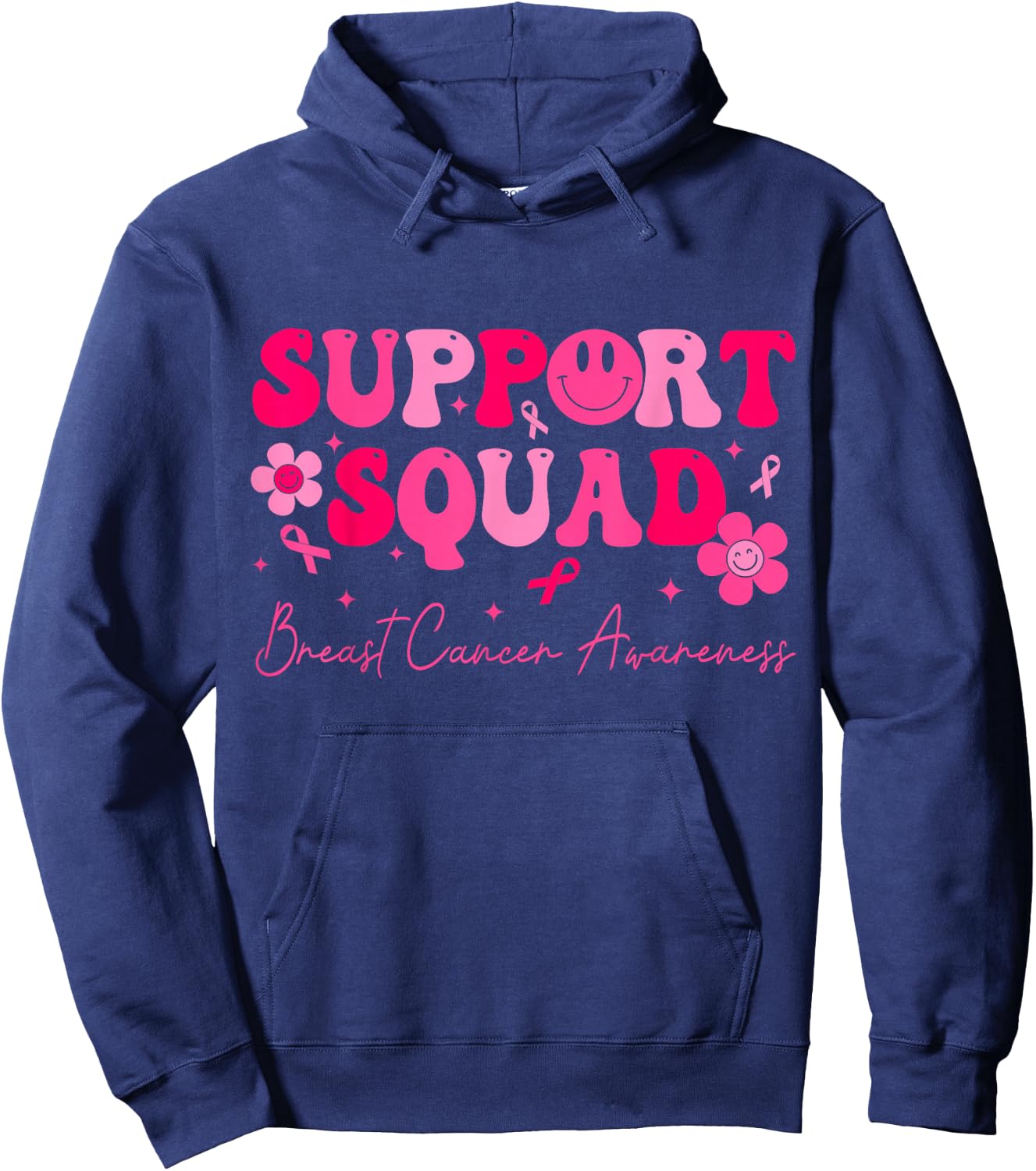 Retro Groovy Support Squad Breast Cancer Awareness Hoodie - Hoodie | Navy