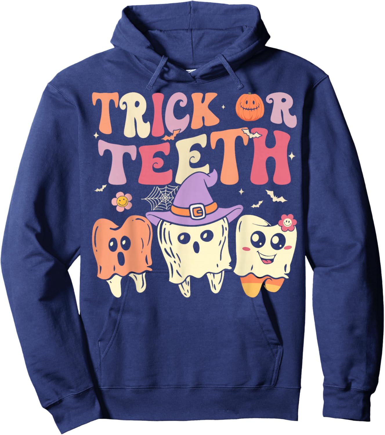 Groovy Dental Halloween Retro Trick or Teeth Floral Ghost Hoodie - Hoodie | Navy